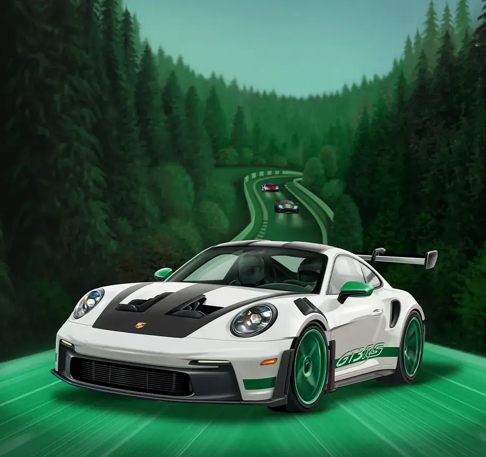 Shannons Nürburgring competition hero image featuring Porsche 911 GT3 RS driving through the Nürburgring forest with race cars in the background.