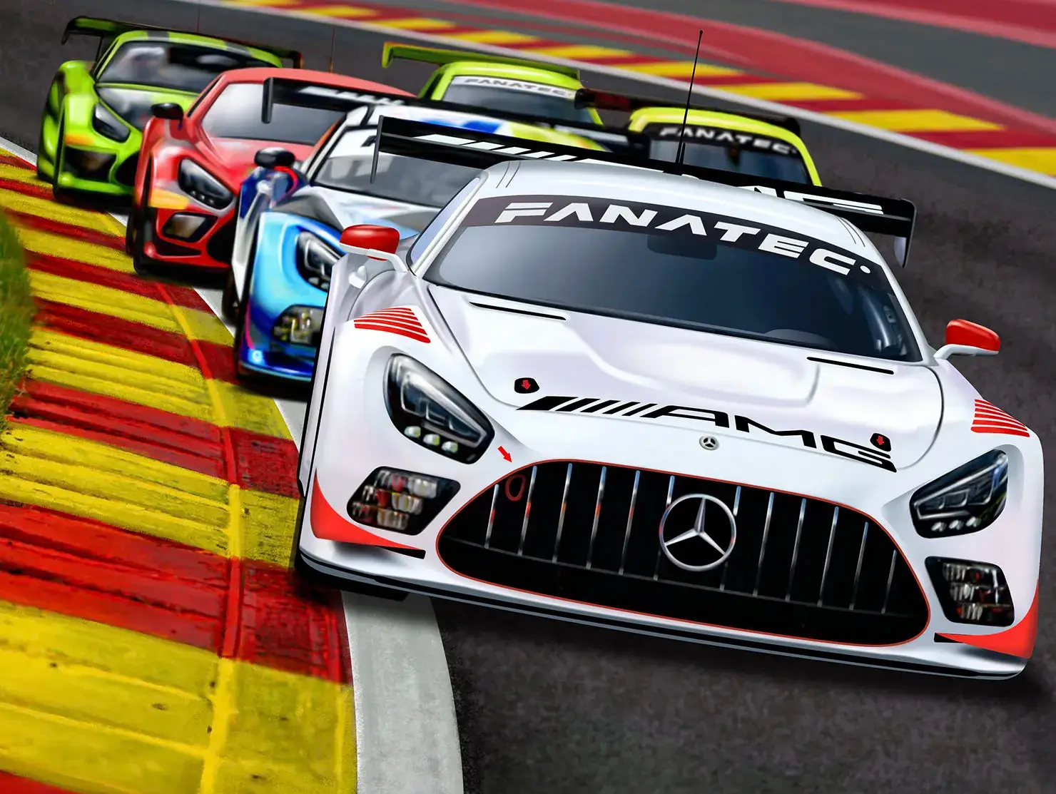 Fanatec GT World Challenge race cars competing at Spa-Francorchamps, led by a Mercedes-AMG GT3, part of Shannons Nürburgring competition prize experience.