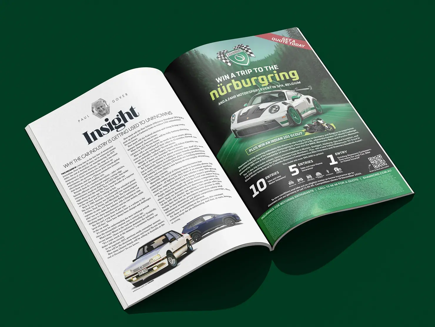 Shannons Nürburgring competition print advertisement in a magazine spread.