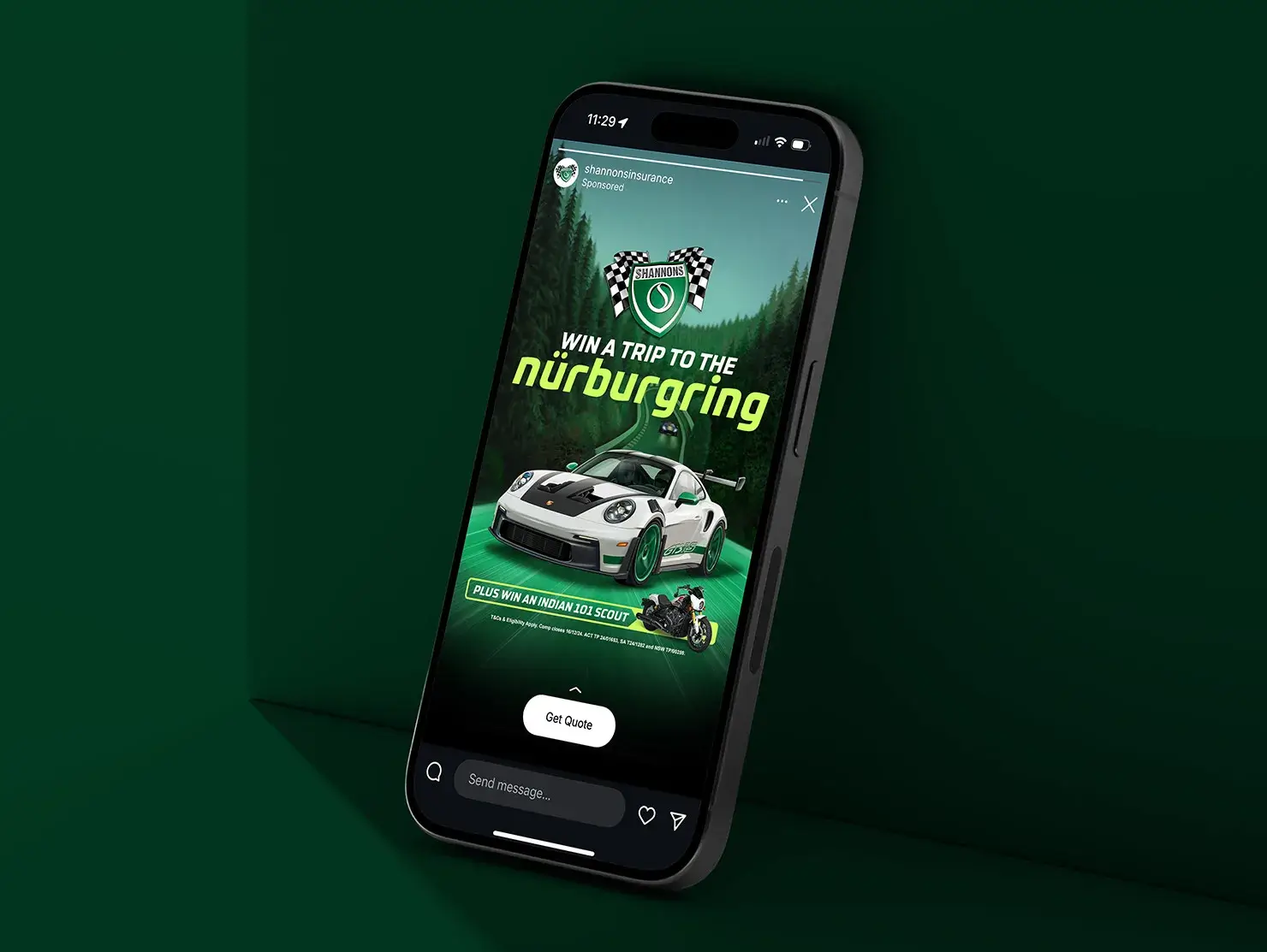 Shannons Instagram Story promoting the Nürburgring competition on a mobile screen.