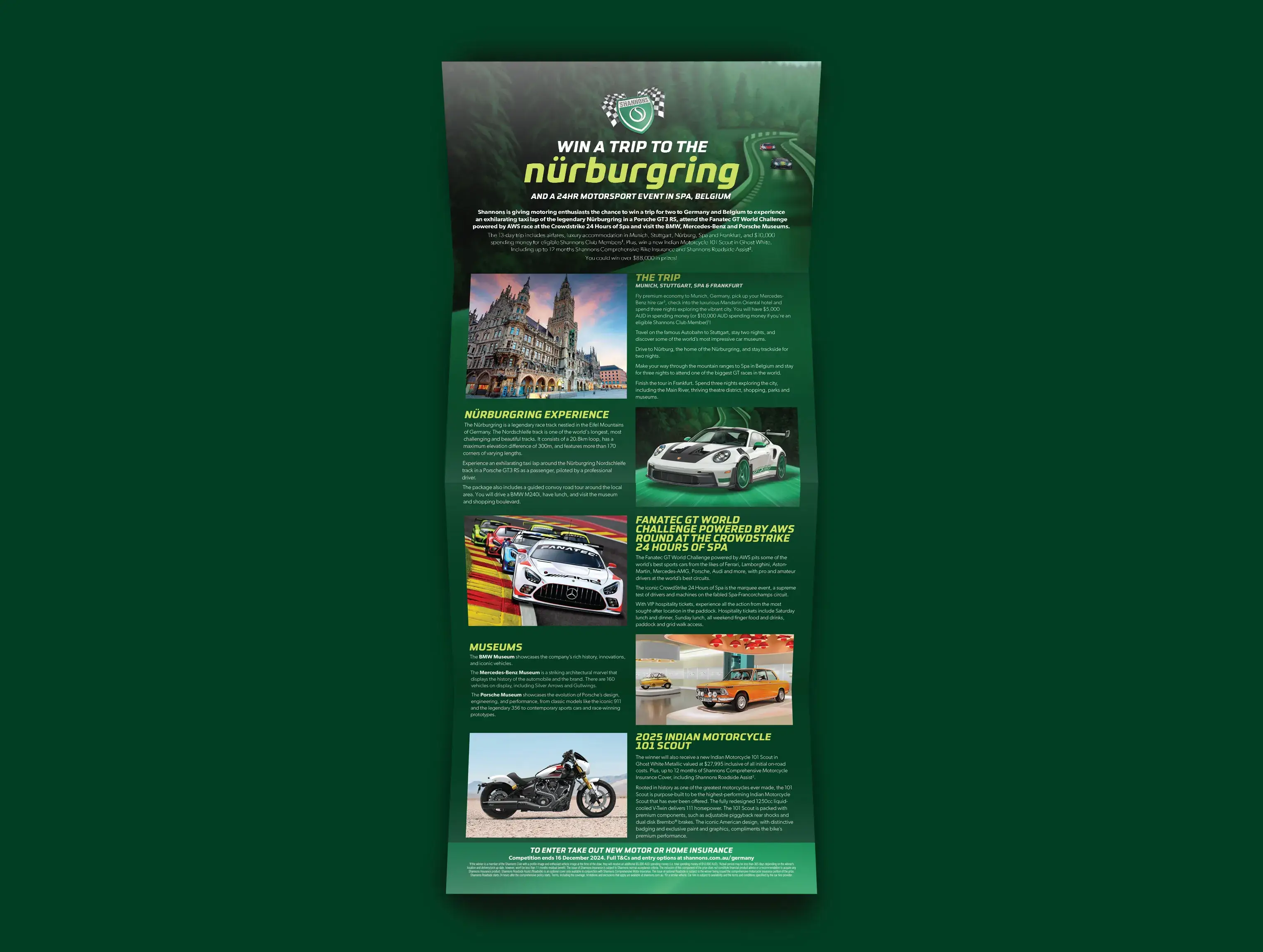 Shannons Nürburgring competition direct mail flyer featuring event highlights and prize details.