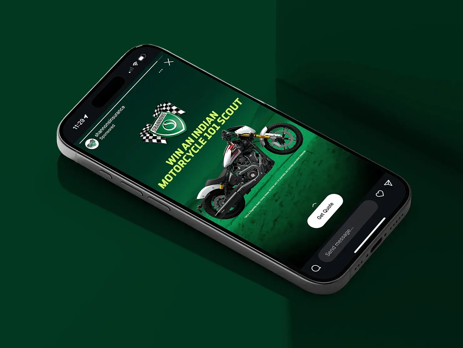 Shannons Instagram Story promoting the Indian Motorcycle 101 Scout prize, part of the Nürburgring competition.