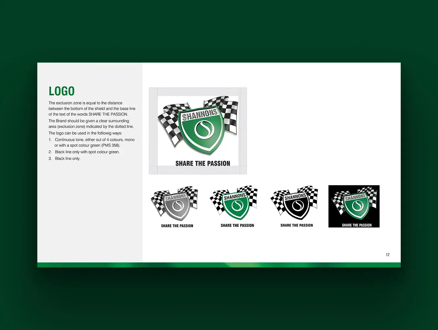 Shannons logo usage guidelines demonstrating approved variations and exclusion zones.