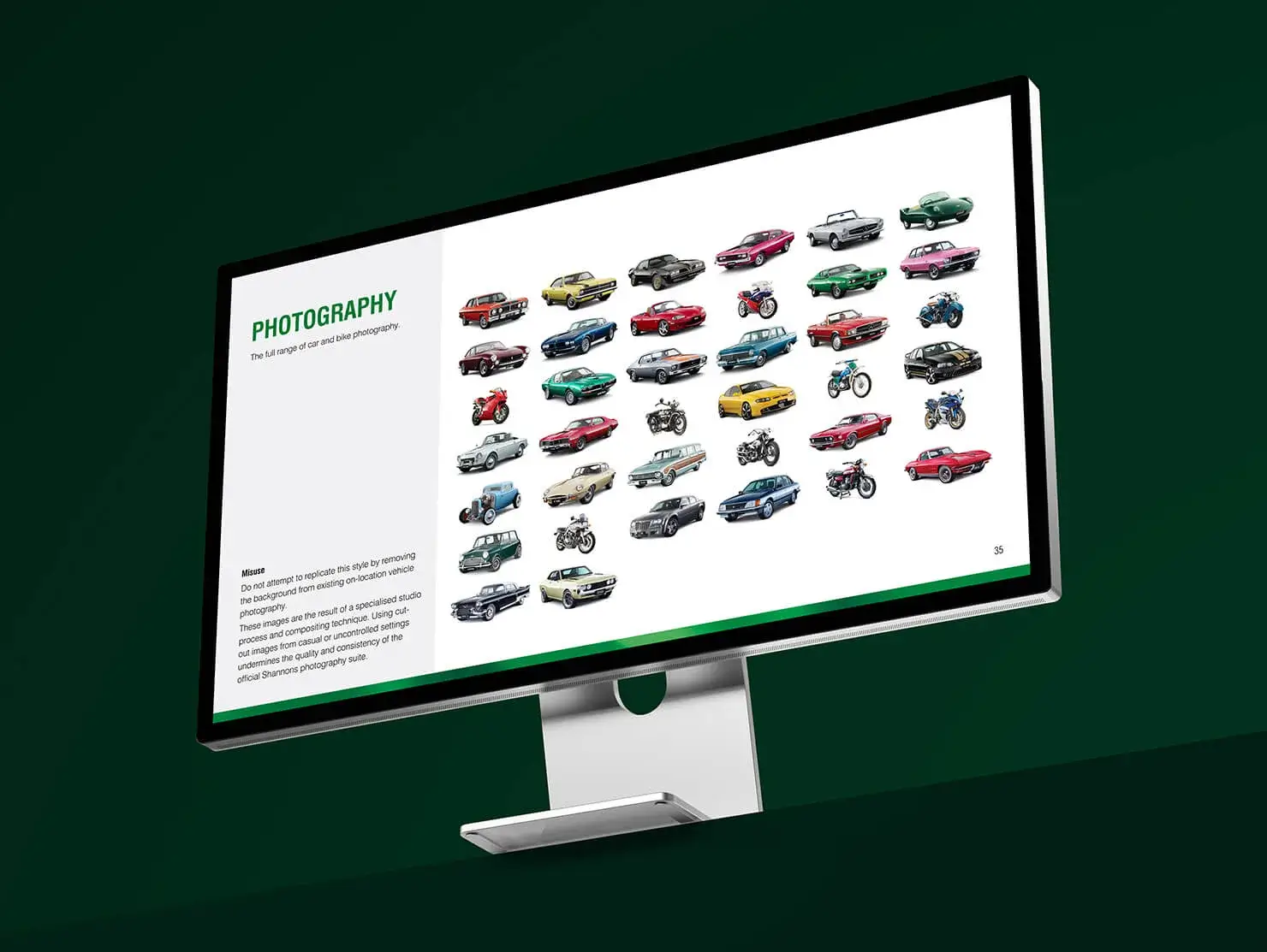 Photography guidelines from Shannons Brand Guidelines featuring a full suite of isolated car and bike images.