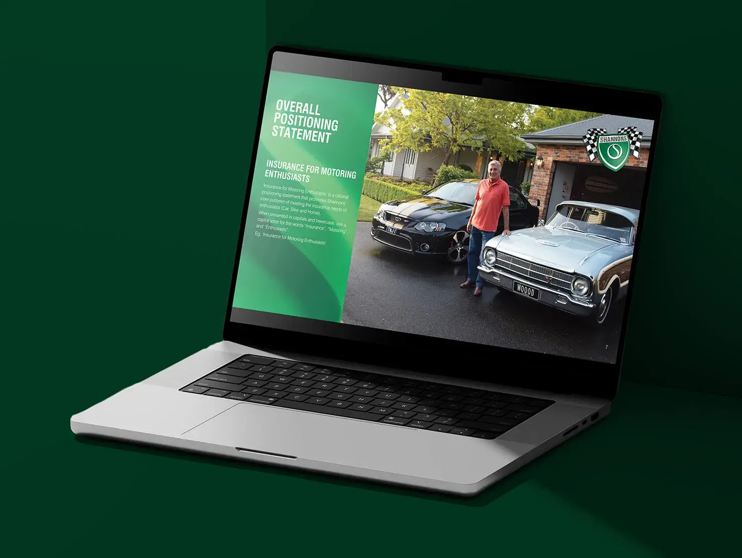 Shannons brand positioning statement slide presented on a laptop screen, reinforcing the message “Insurance for Motoring Enthusiasts.”