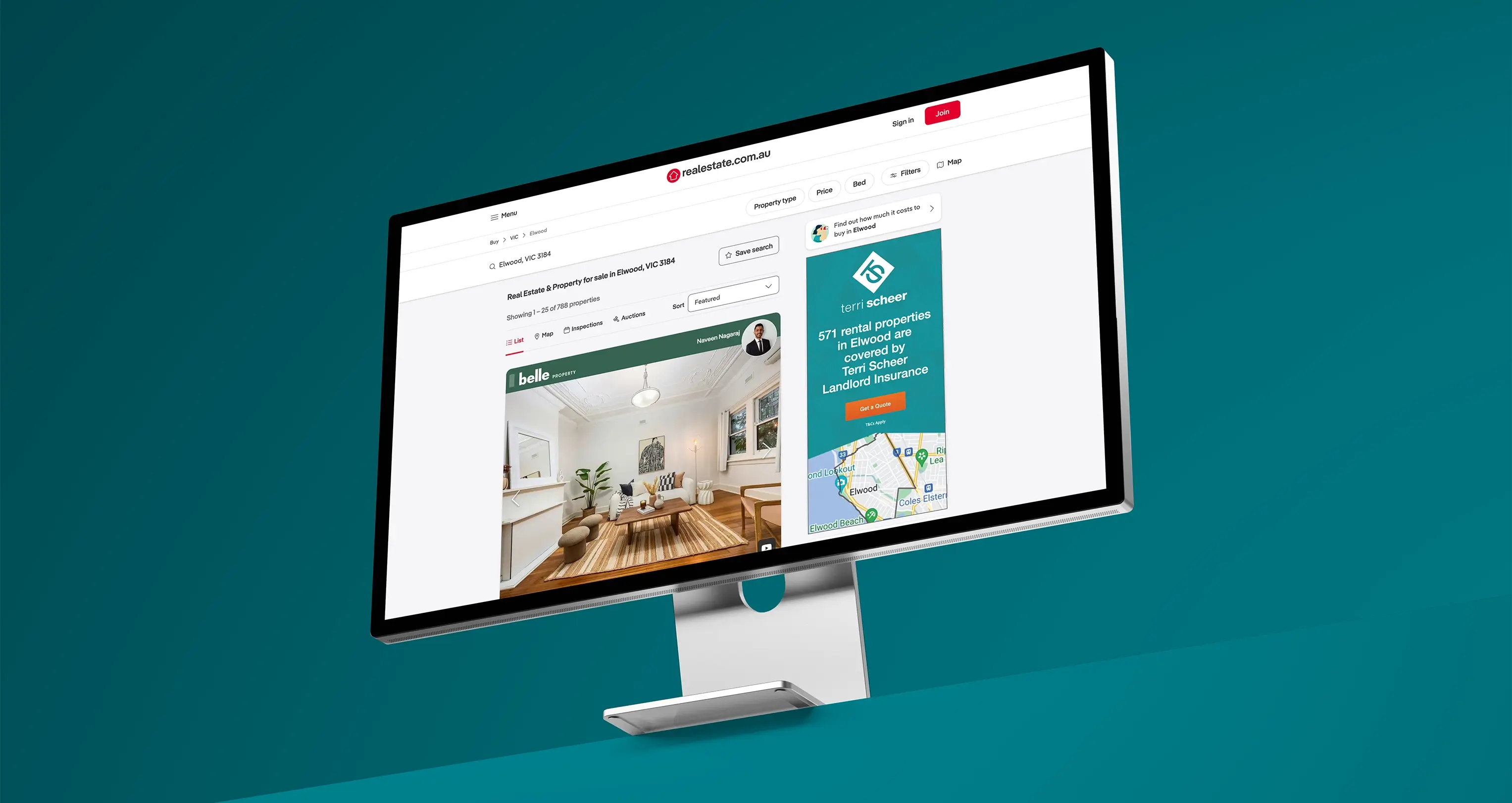 Terri Scheer landlord insurance banner displayed on realestate.com.au property listing page, targeting rental properties in Elwood.