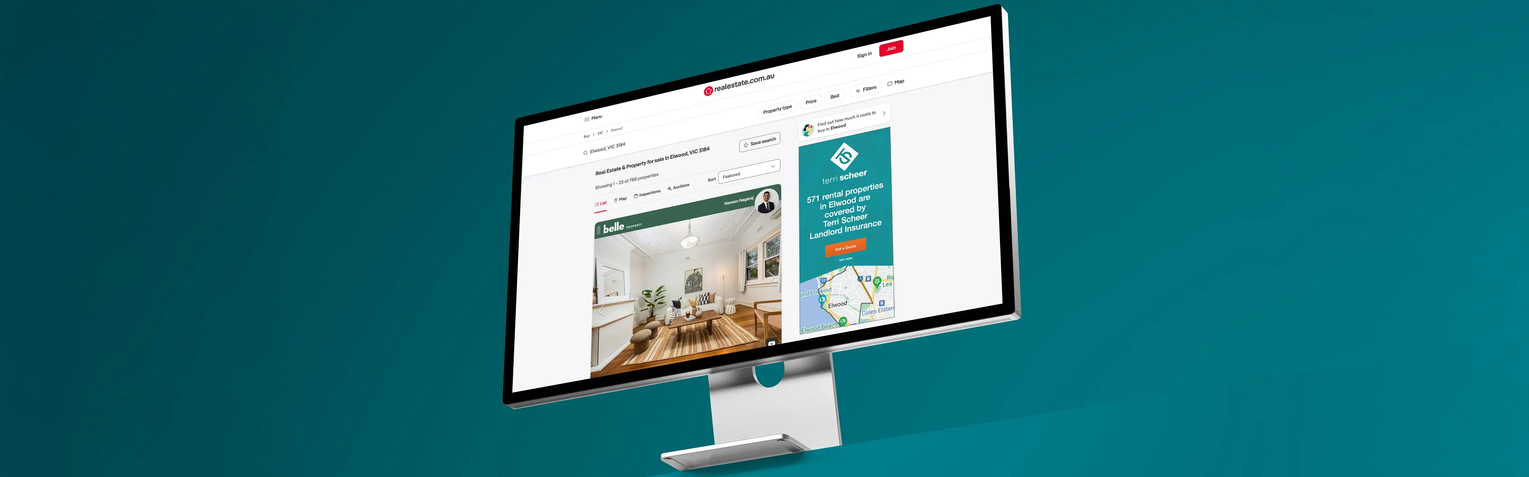 Terri Scheer landlord insurance banner displayed on realestate.com.au property listing page, targeting rental properties in Elwood.
