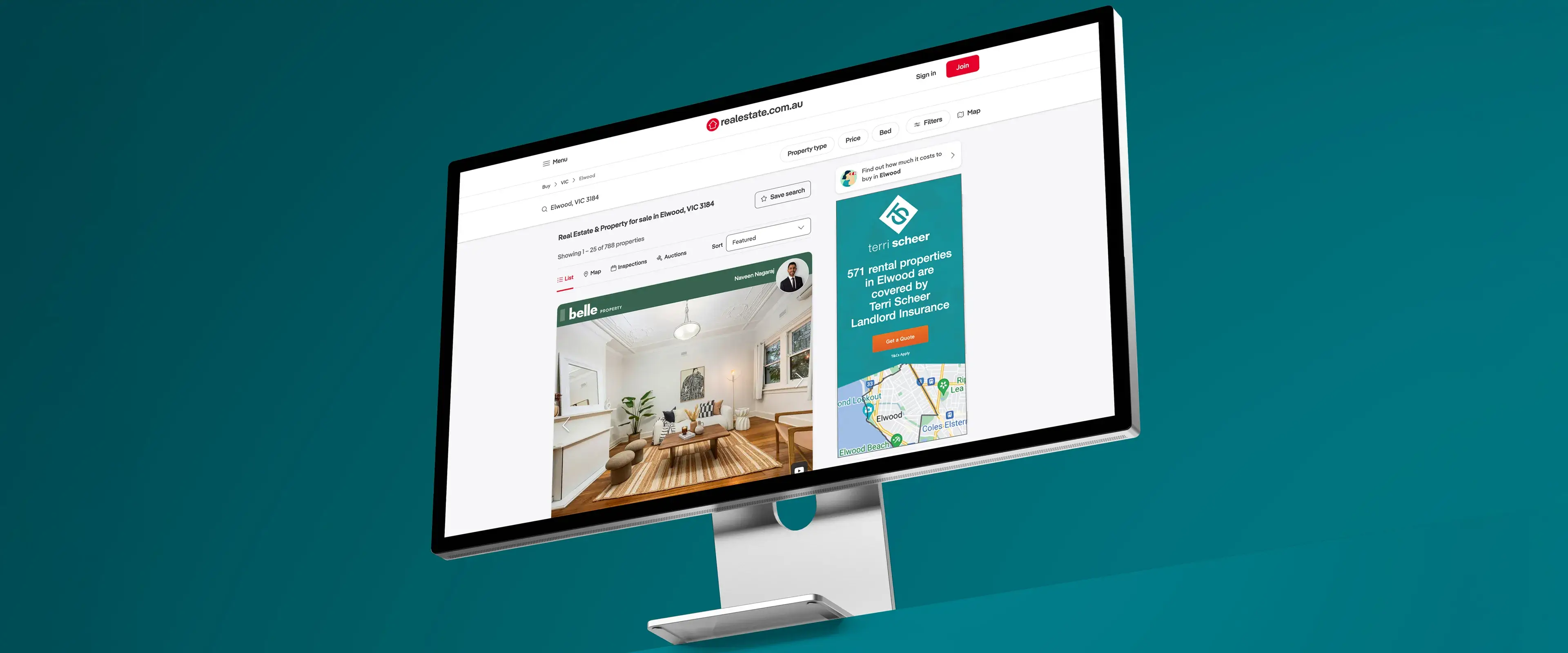 Terri Scheer landlord insurance banner displayed on realestate.com.au property listing page, targeting rental properties in Elwood.