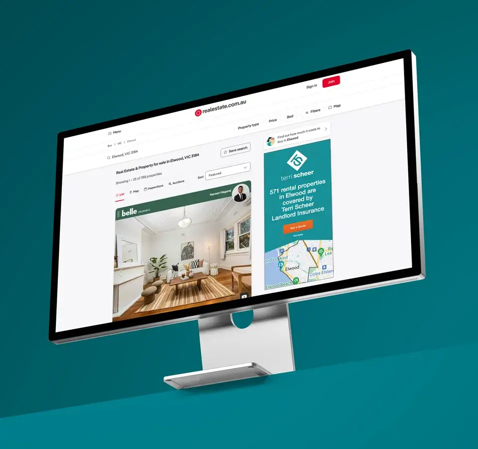 Terri Scheer landlord insurance banner displayed on realestate.com.au property listing page, targeting rental properties in Elwood.