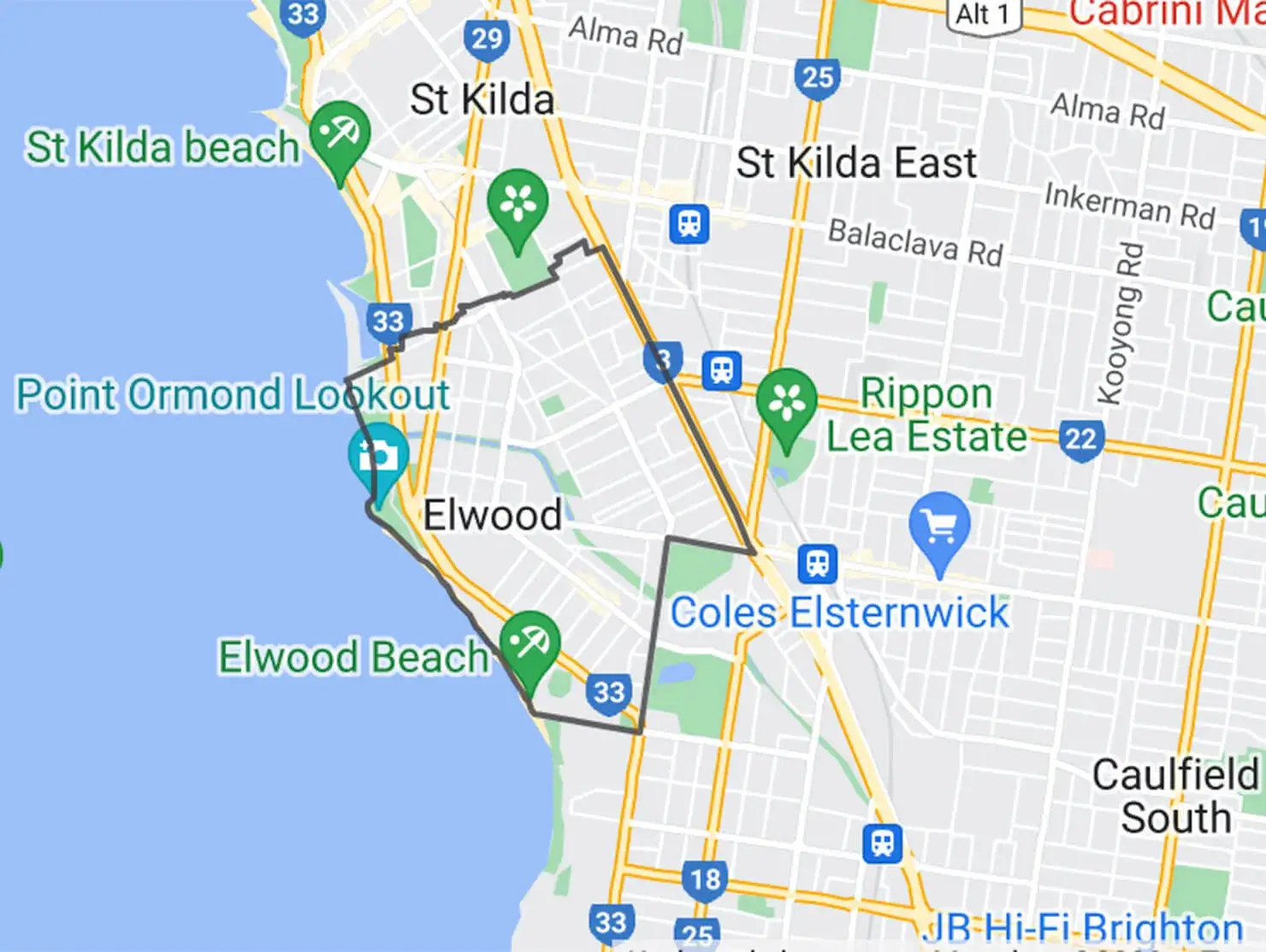 Map view of Elwood, Melbourne highlighting area used in personalised Terri Scheer landlord insurance banners.
