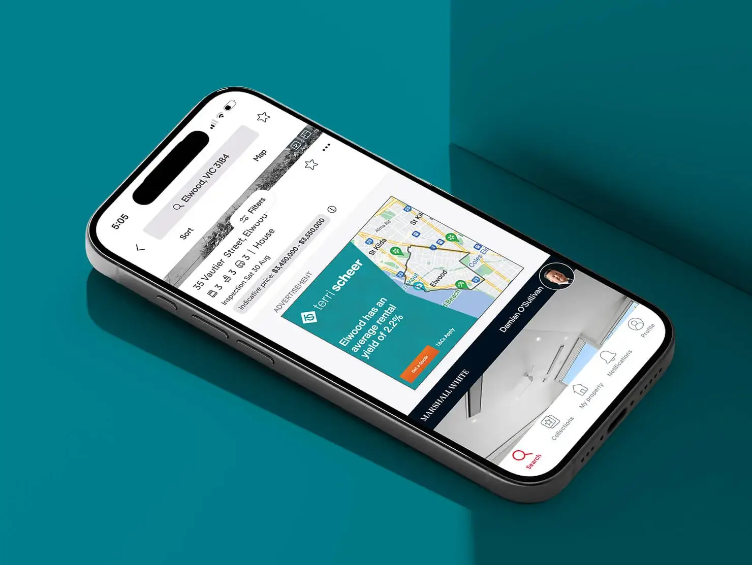 Mobile display ad for Terri Scheer landlord insurance showing Elwood rental yield statistics alongside property listings.