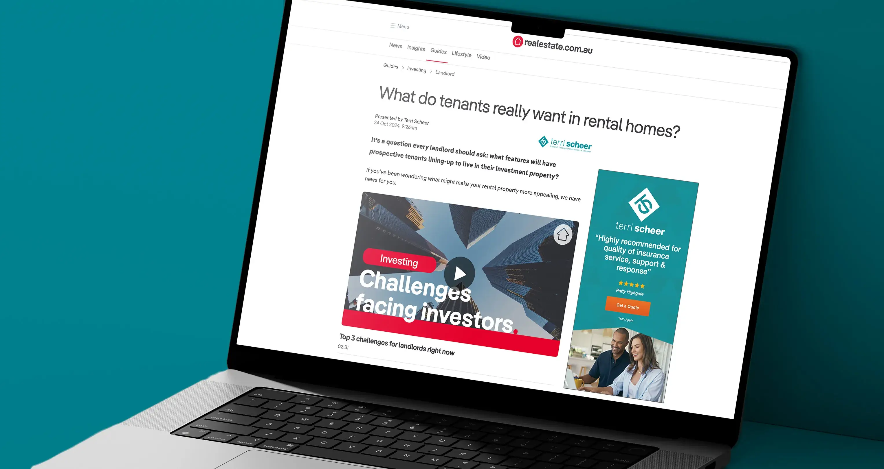 Terri Scheer landlord insurance banner featuring customer review displayed on realestate.com.au landlord advice page.