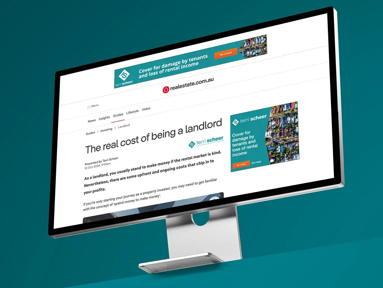 Display ad for Terri Scheer insurance highlighting cover for tenant damage and rental income loss on a realestate.com.au article.