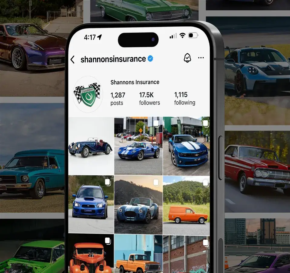 Shannons Insurance Instagram profile featuring classic and performance cars, part of Instagram social media management.