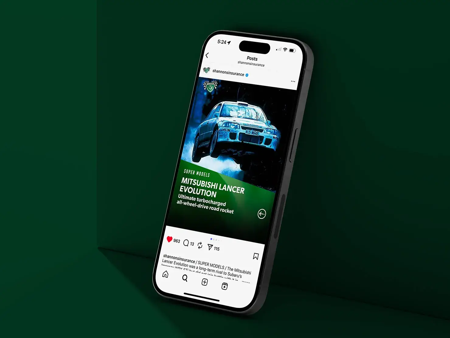 Shannons Instagram carousel post highlighting a Mitsubishi Lancer Evolution, part of Instagram management.