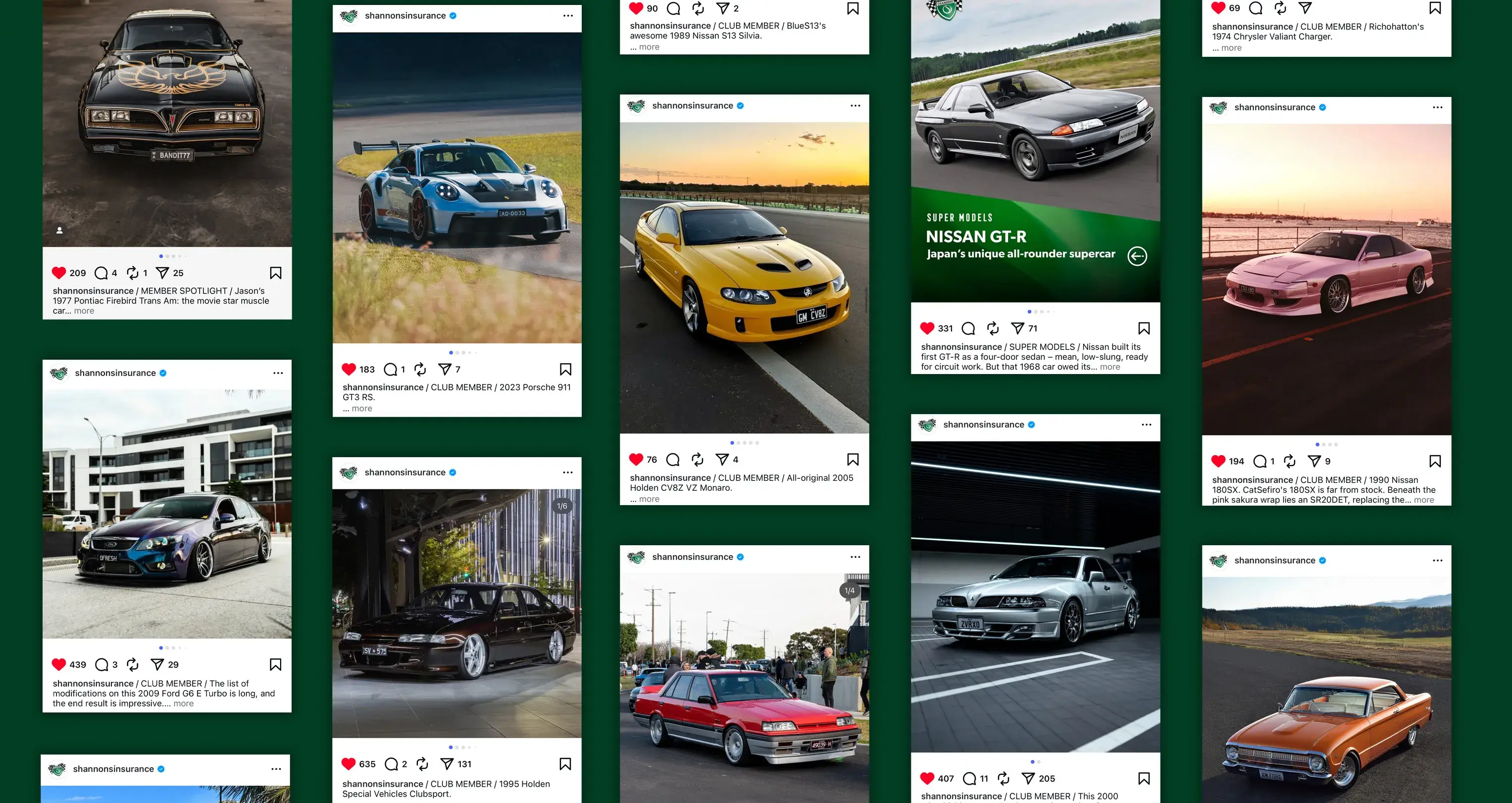 Shannons Instagram grid with member spotlight cars and supercar features, part of social media management.