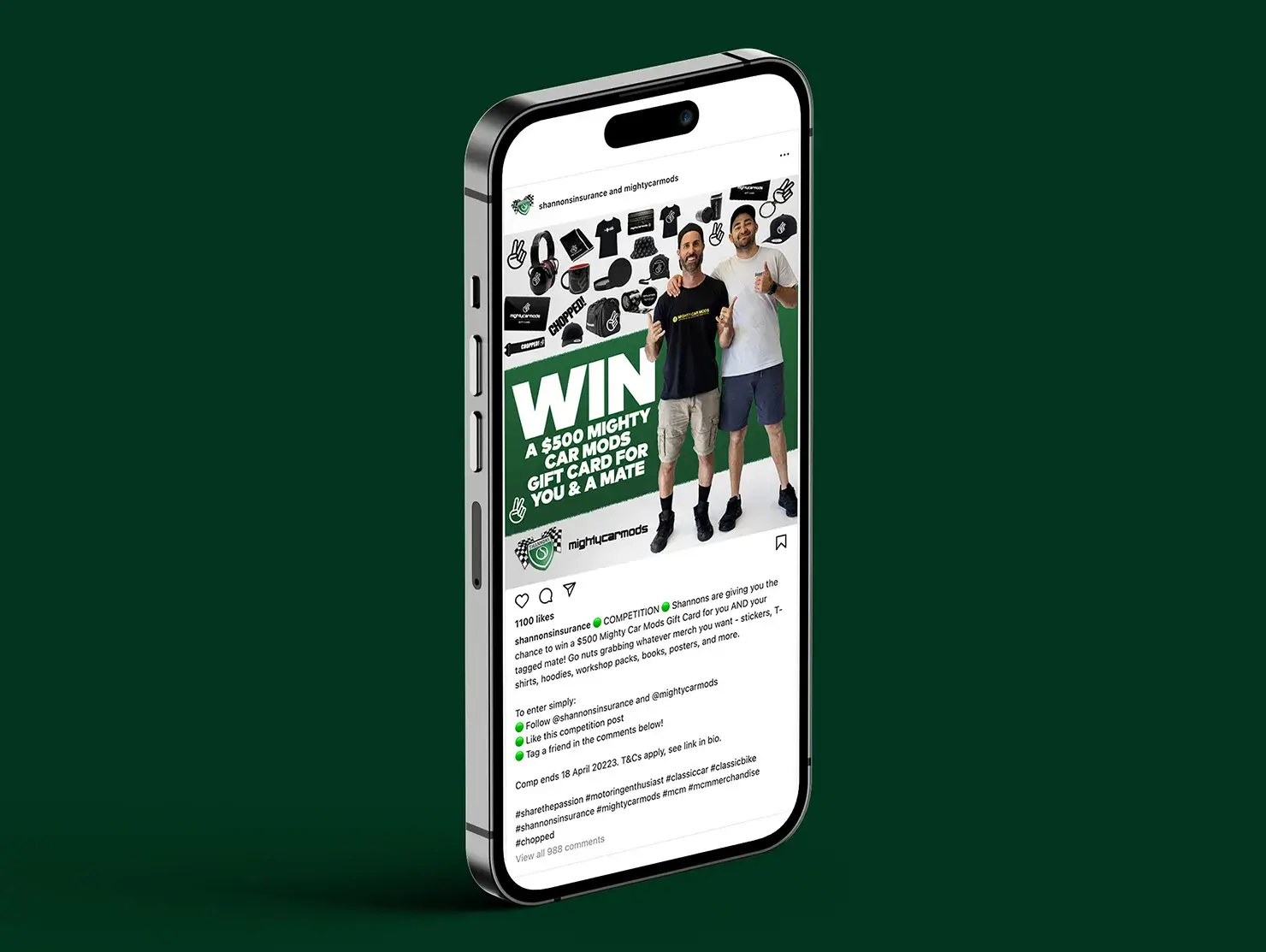 Shannons Instagram competition post promoting a Mighty Car Mods gift card giveaway, part of Instagram management.