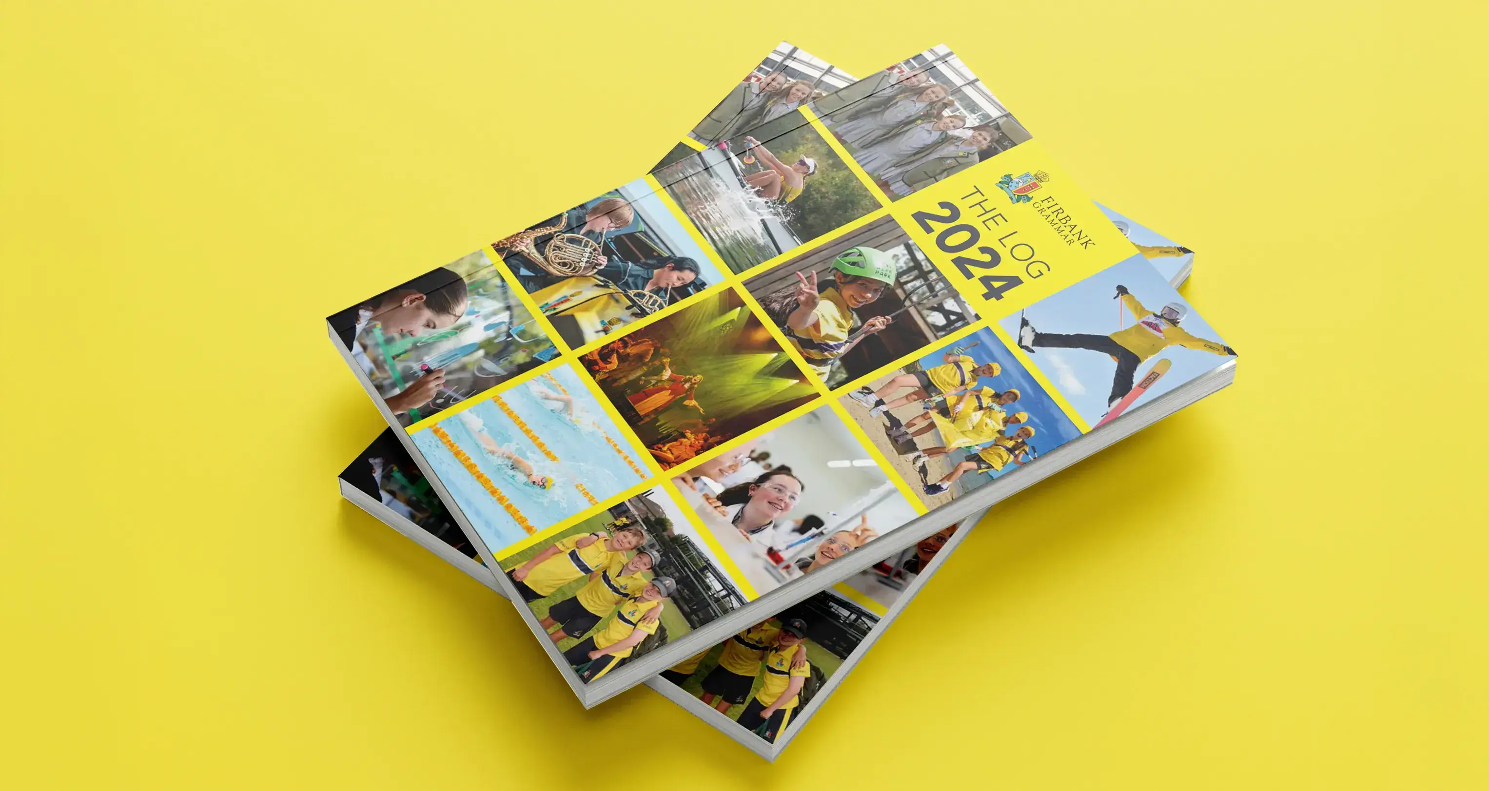 Firbank Grammar School 2024 Log yearbook covers stacked on a yellow background, featuring collage of student activities.