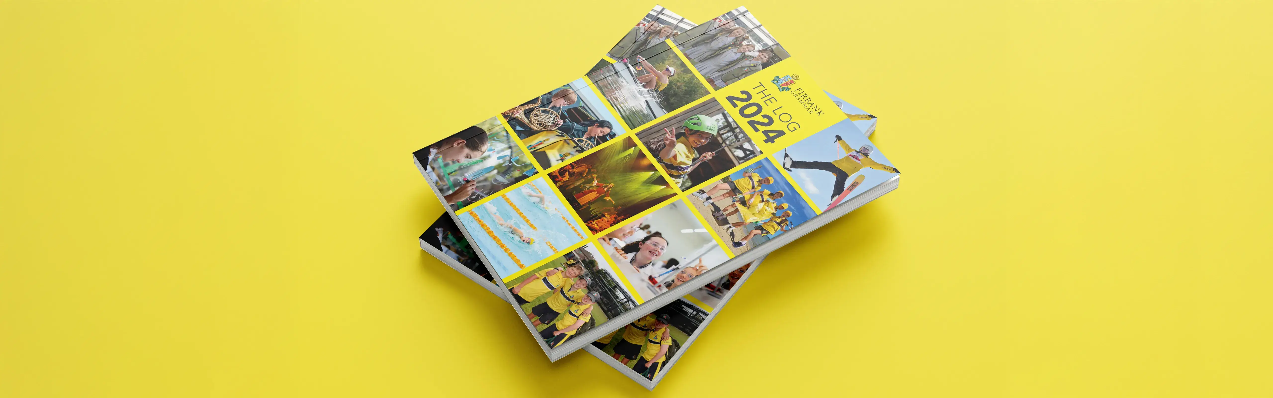 Firbank Grammar School 2024 Log yearbook covers stacked on a yellow background, featuring collage of student activities.