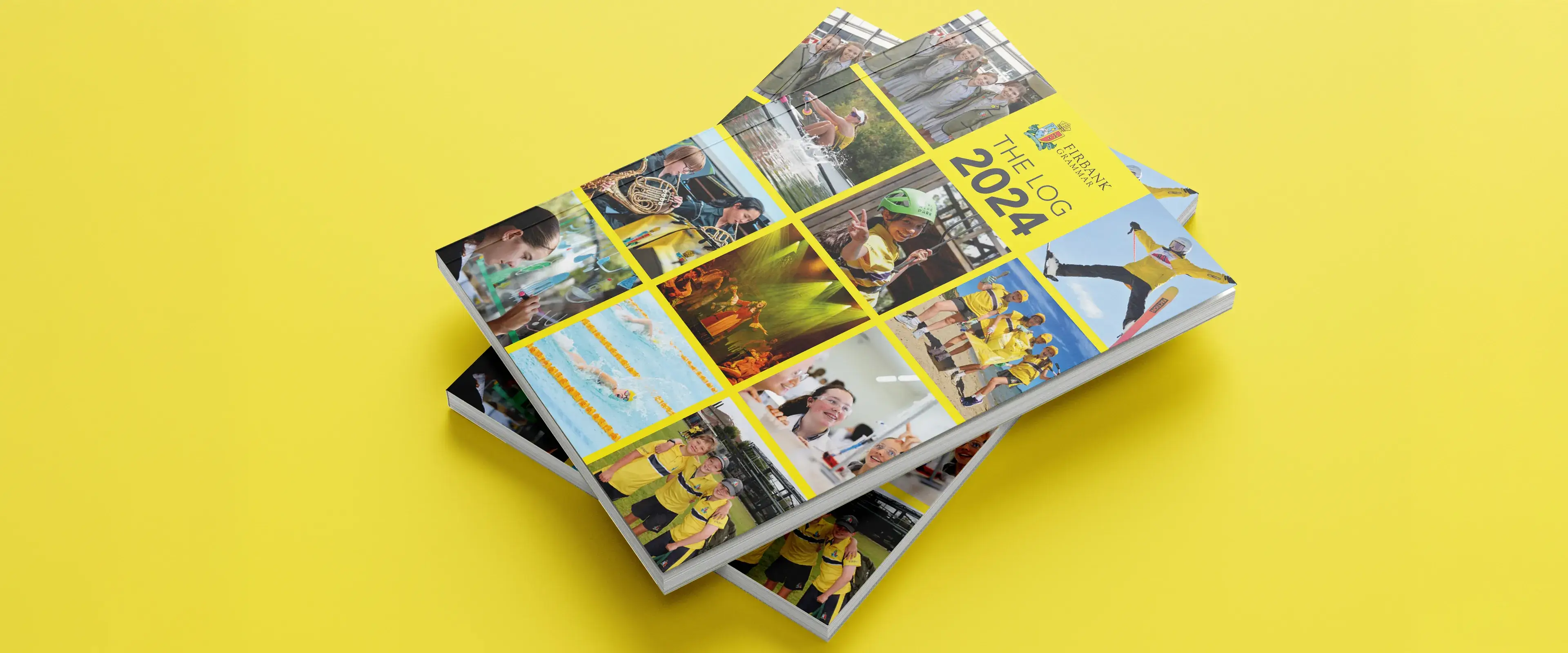 Firbank Grammar School 2024 Log yearbook covers stacked on a yellow background, featuring collage of student activities.