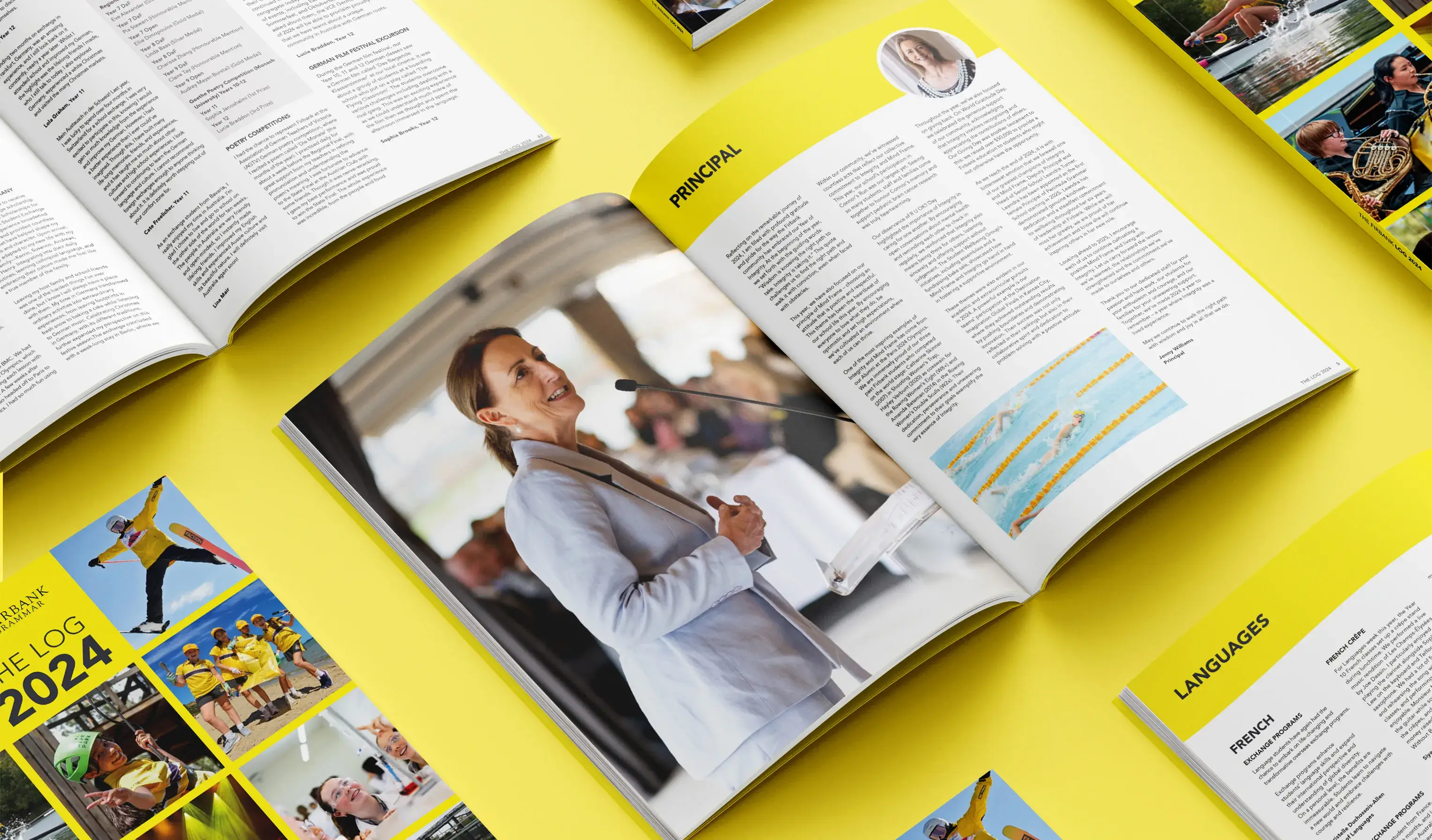 Firbank Grammar School 2024 Log yearbook open to the Principal’s message, with a full-page photo of the Principal speaking at a podium.