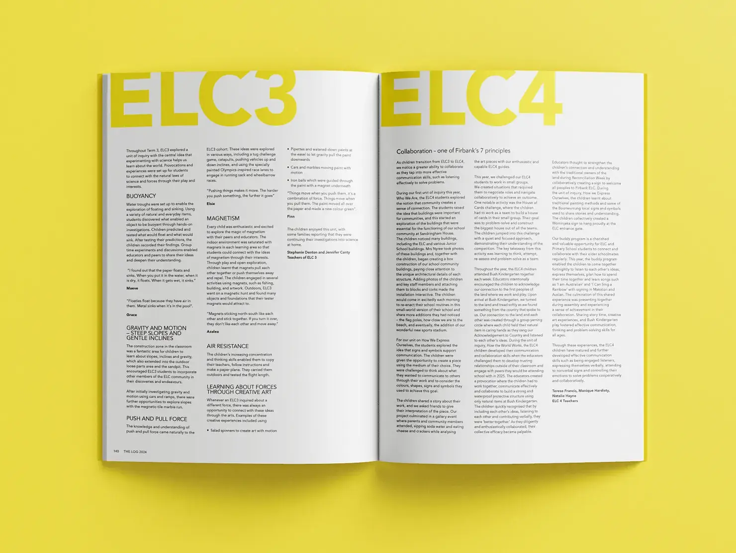Firbank Grammar School 2024 Log yearbook open to ELC3 and ELC4 feature spread, with large yellow section titles.