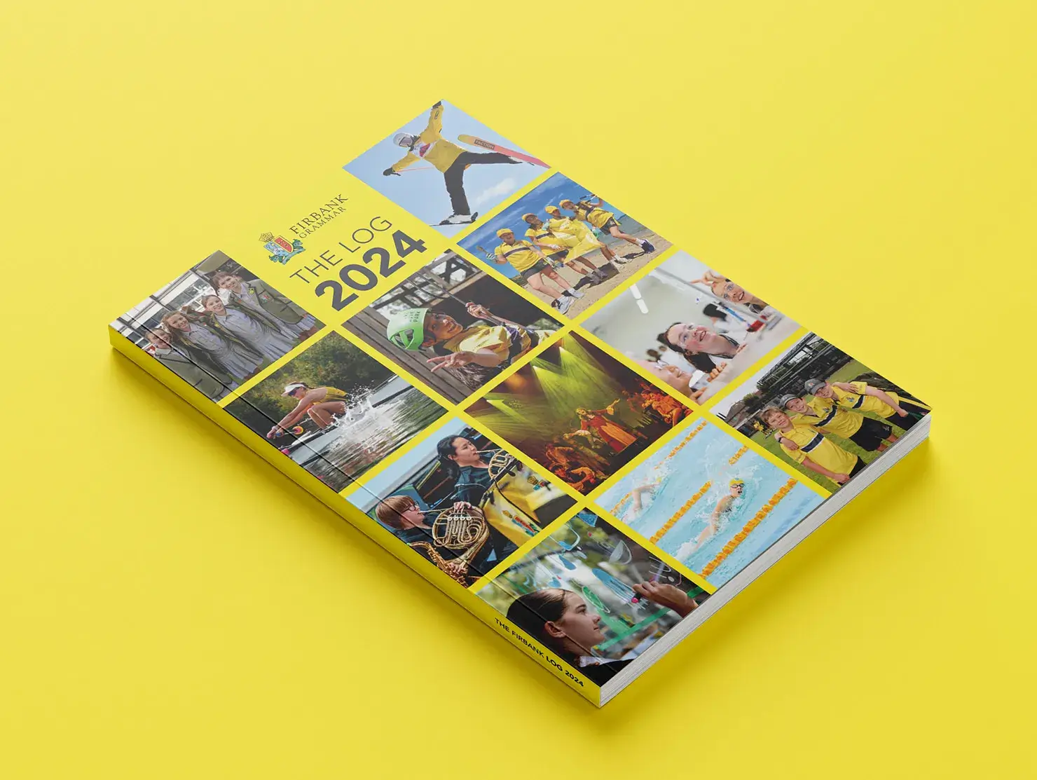 Firbank Grammar School 2024 Log yearbook single cover on yellow background, showcasing student photos and school crest.