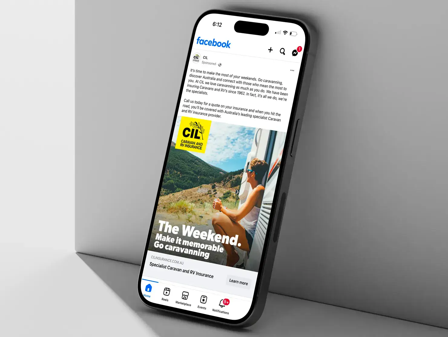 Mobile phone screen showing a Facebook ad promoting CIL Caravan and RV Insurance with the message “The Weekend. Make it memorable. Go caravanning,” part of the CIL Weekends campaign.