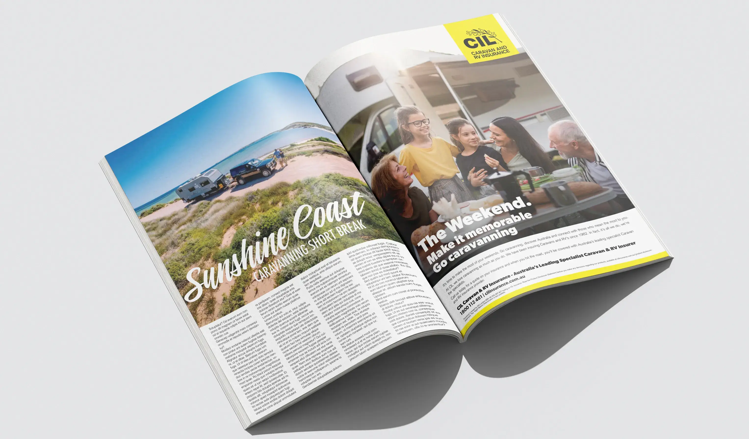 Open magazine spread featuring a CIL advertisement, created as part of the CIL Weekends campaign to inspire travel and connection.