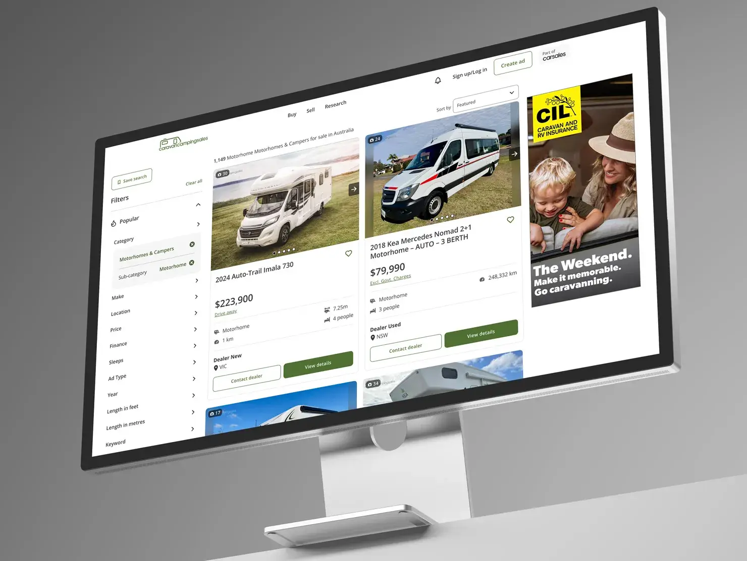 Computer screen displaying a caravanning website with a digital banner ad reading “The Weekend. Make it memorable. Go caravanning,” designed as part of the CIL Weekends campaign.