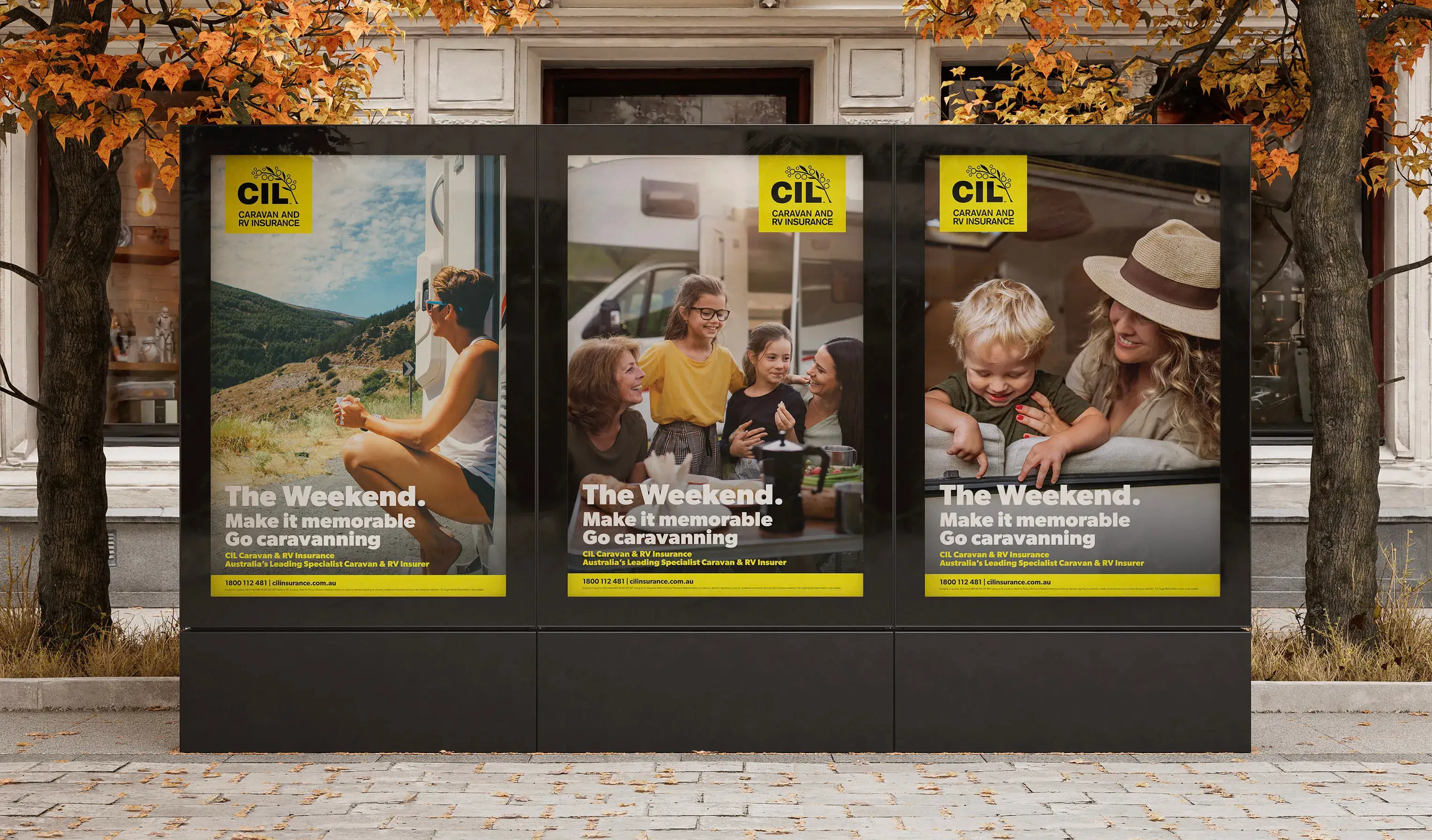 Street posters promoting CIL Caravan and RV Insurance with the tagline “The Weekend. Make it memorable. Go caravanning,” displayed as part of the CIL Weekends campaign.