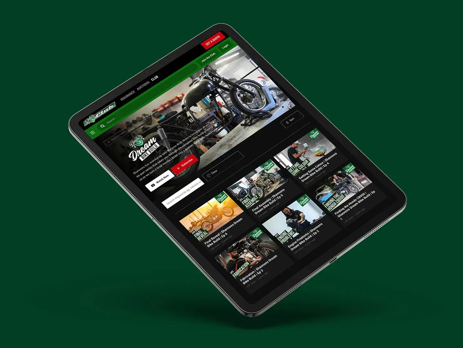 A tablet displaying the Shannons Club website with the Dream Bike Build video series front and centre, promoting episodes from the Shannons Dream Bike Build YouTube Series.