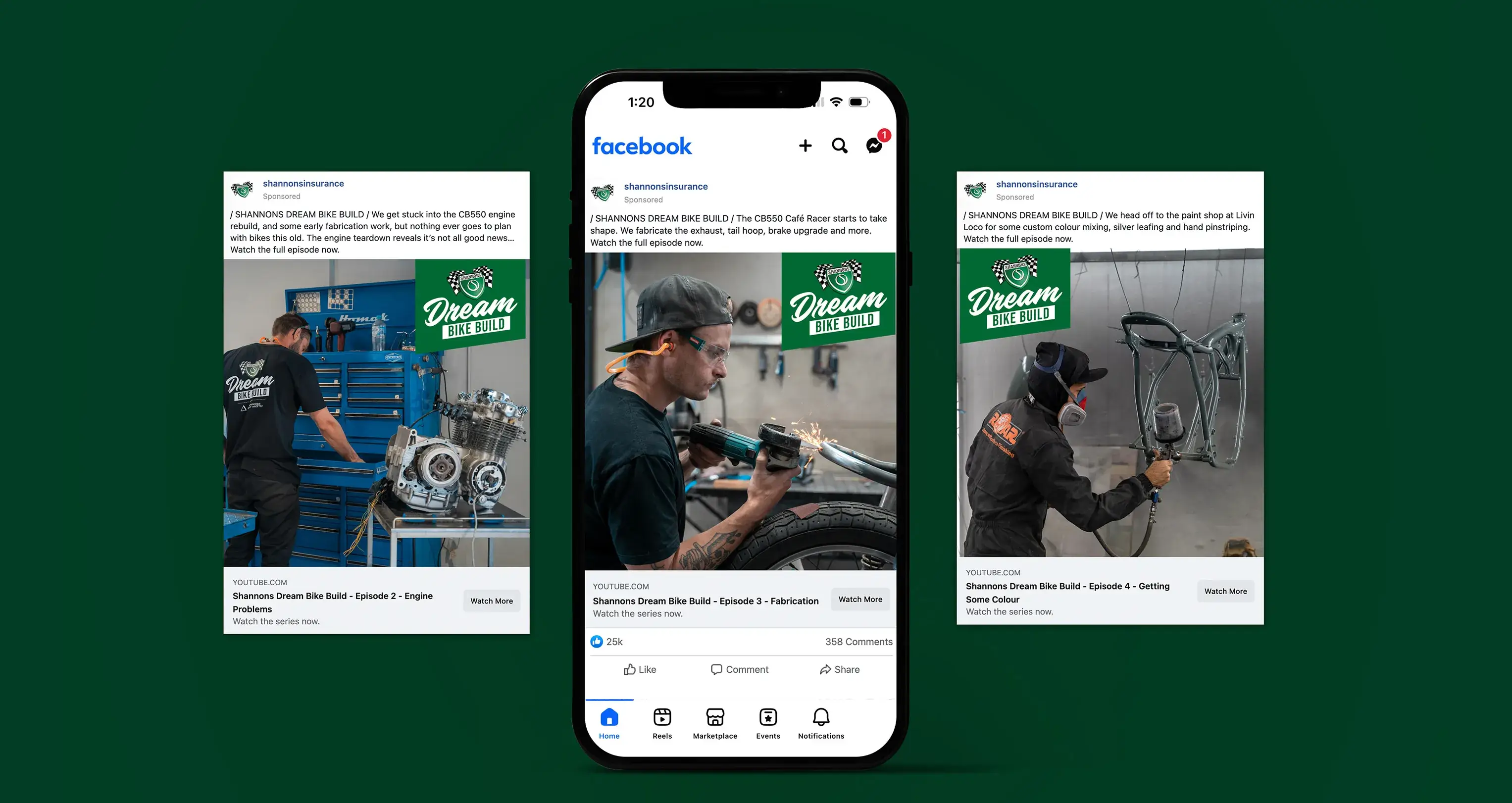 Three sponsored Facebook ad mockups showcase episodes from the Shannons Dream Bike Build YouTube Series, highlighting engine rebuild, fabrication, and paintwork stages.