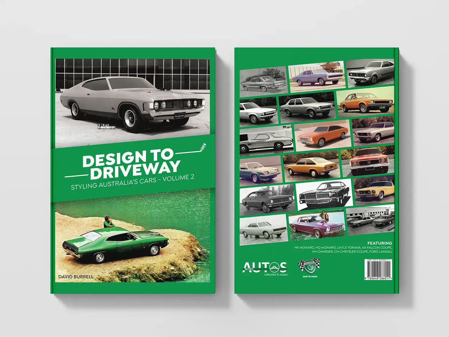 Front and back cover of Design to Driveway Volume 2, with images of Ford and Holden prototypes and classic cars.