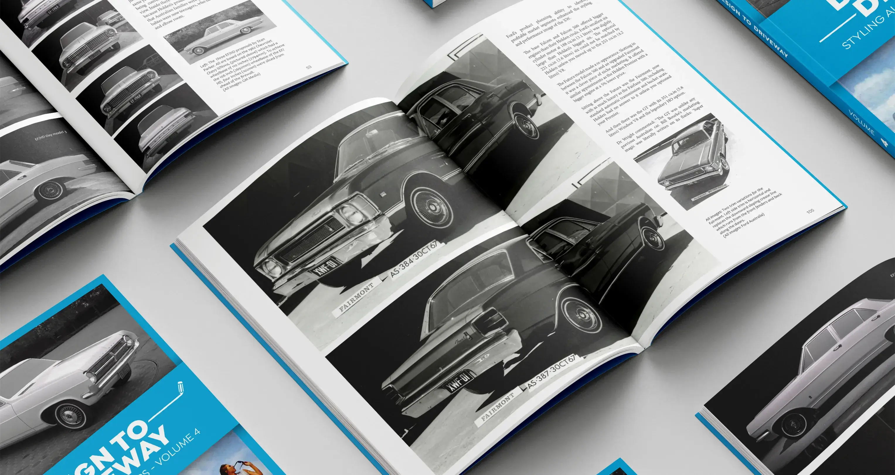 Open pages of Design to Driveway Volume 4 showing rare black-and-white photographs of Ford Fairmont prototypes.