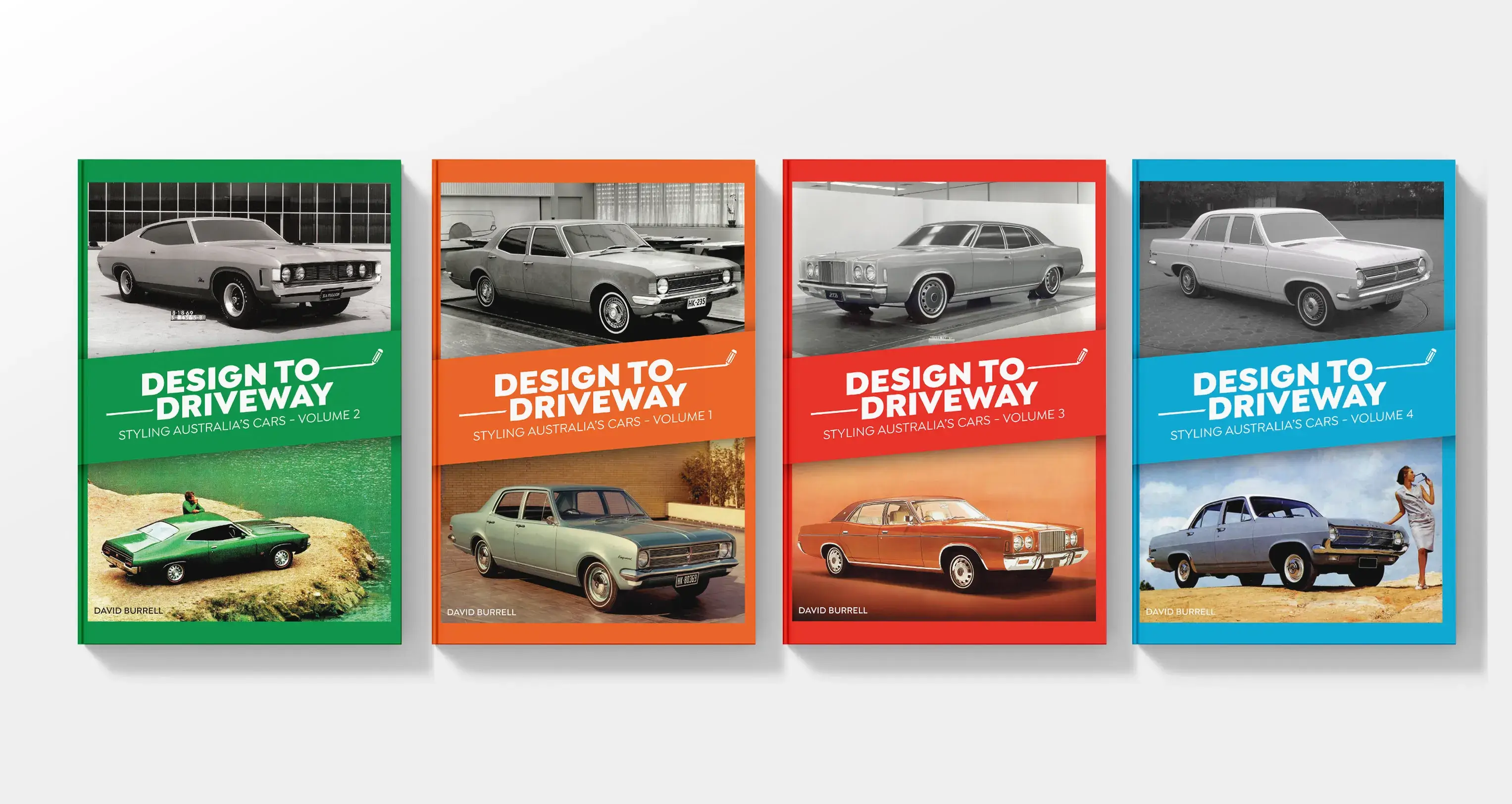 All four Design to Driveway book covers displayed side by side, featuring classic Australian Holden and Ford designs.