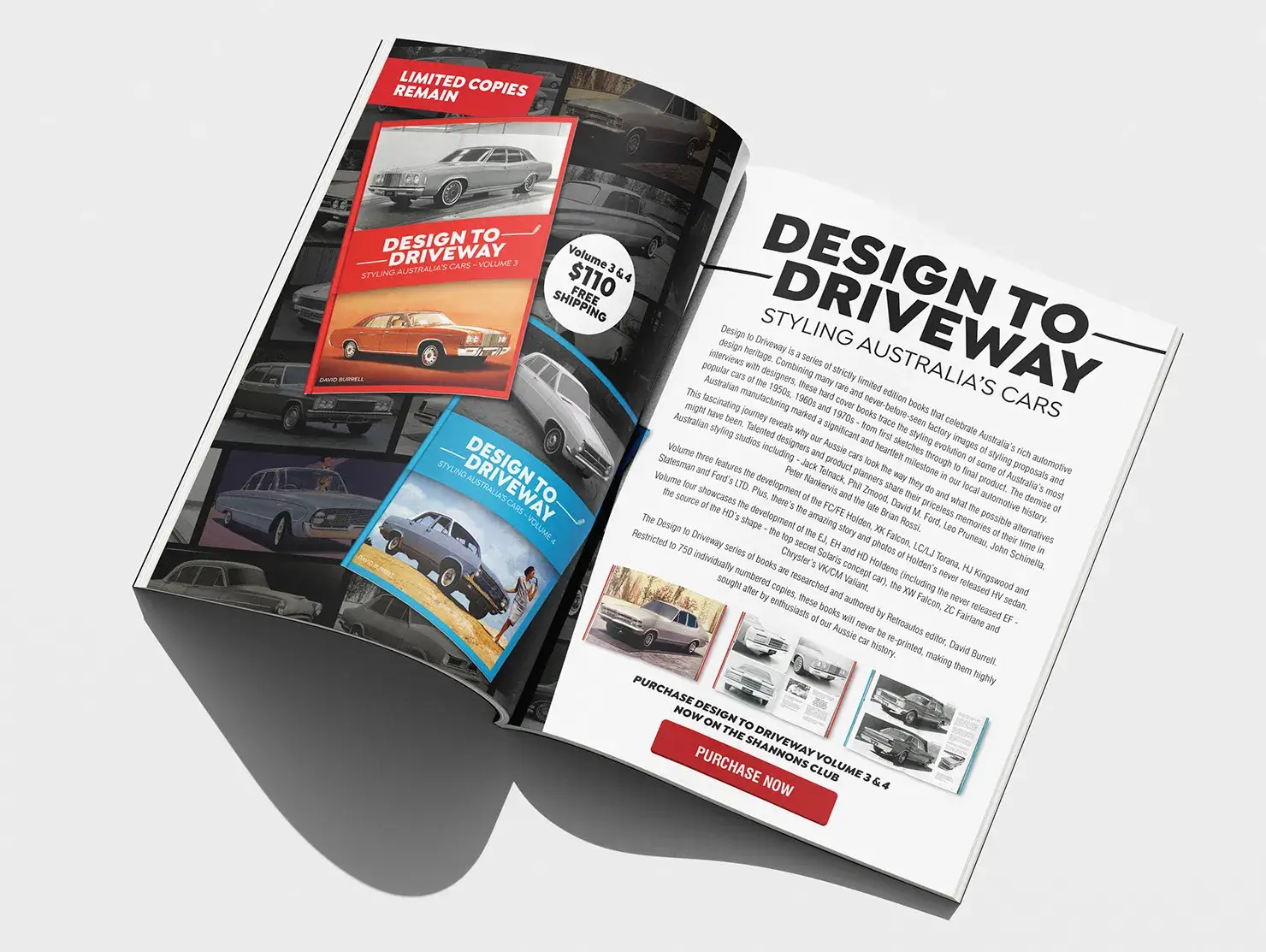 Open magazine ad promoting Design to Driveway Volumes 3 and 4, encouraging purchase of limited copies.