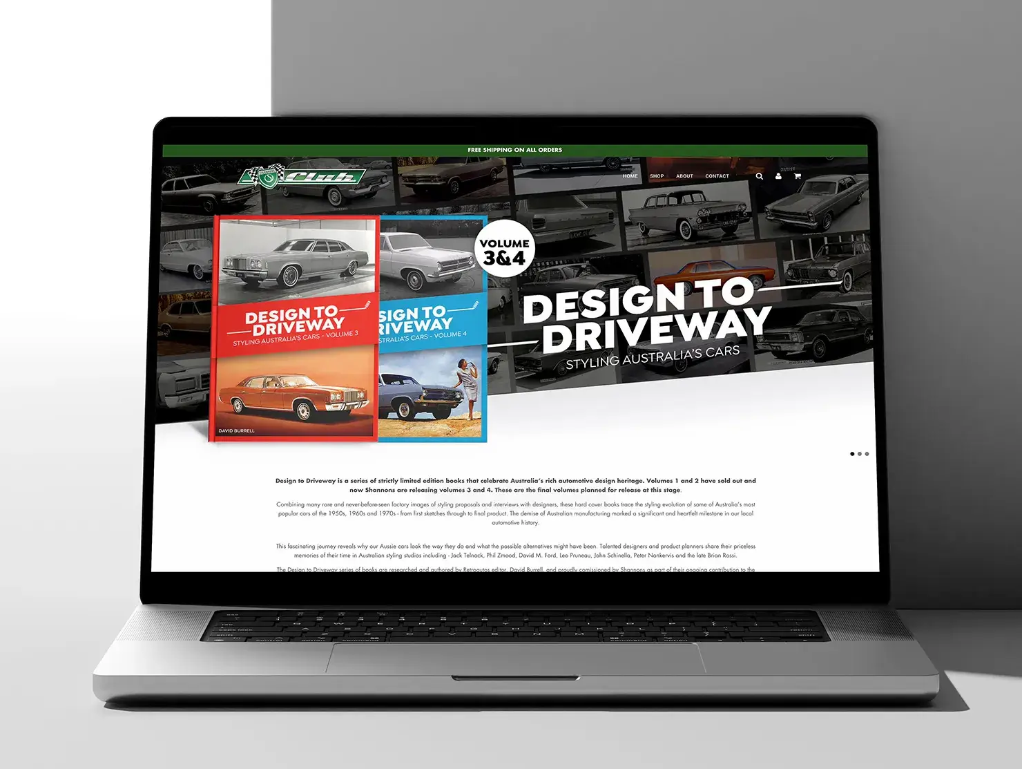 Laptop view of the Shannons Club online store featuring Design to Driveway Volumes 3 and 4.