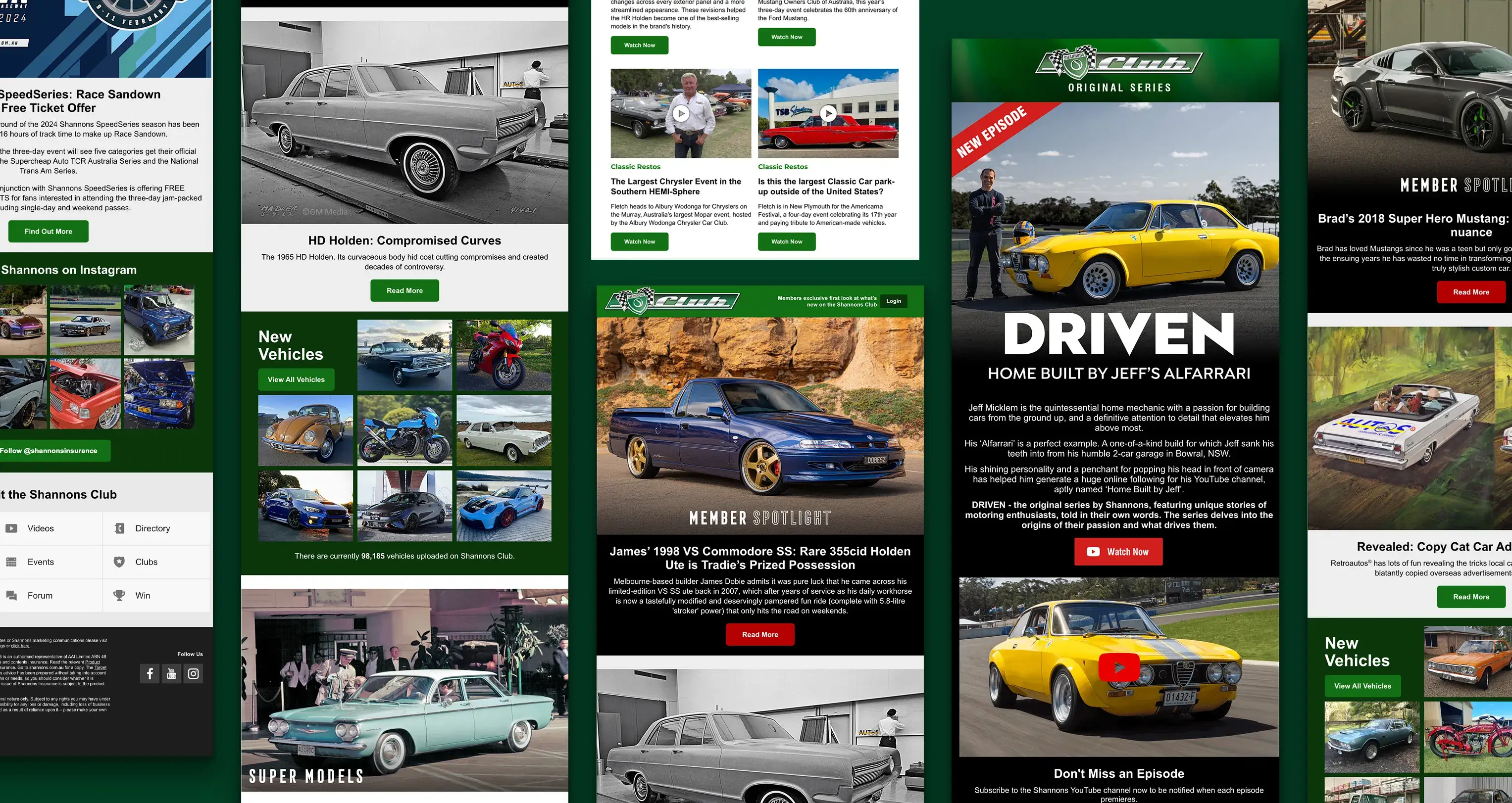 Shannons Club email newsletter featuring car news, member spotlights, new vehicles, and DRIVEN series promotion.