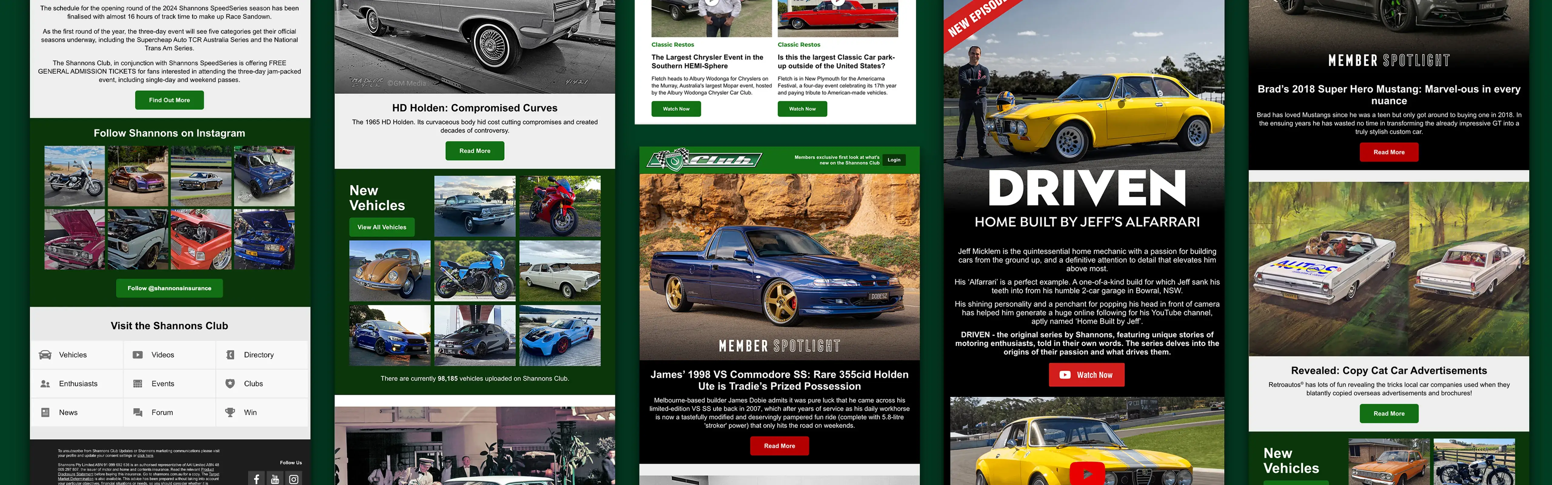 Shannons Club email newsletter featuring car news, member spotlights, new vehicles, and DRIVEN series promotion.