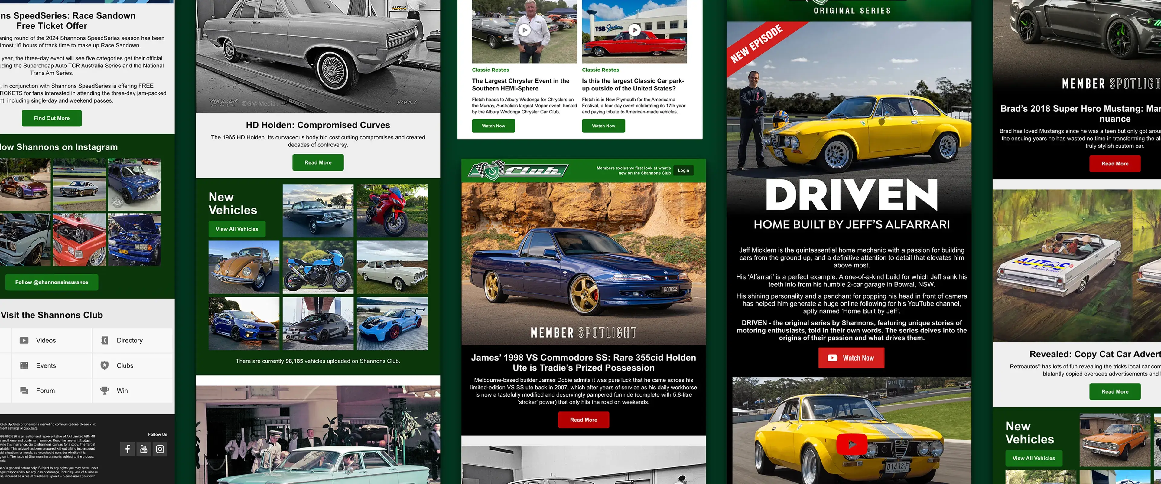 Shannons Club email newsletter featuring car news, member spotlights, new vehicles, and DRIVEN series promotion.