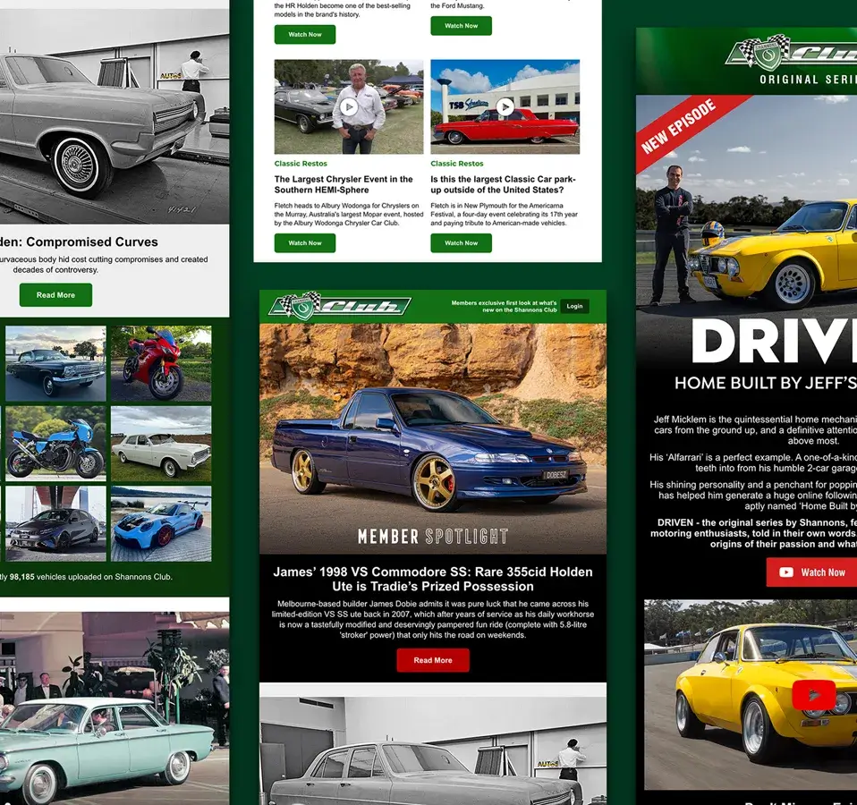 Shannons Club email newsletter featuring car news, member spotlights, new vehicles, and DRIVEN series promotion.