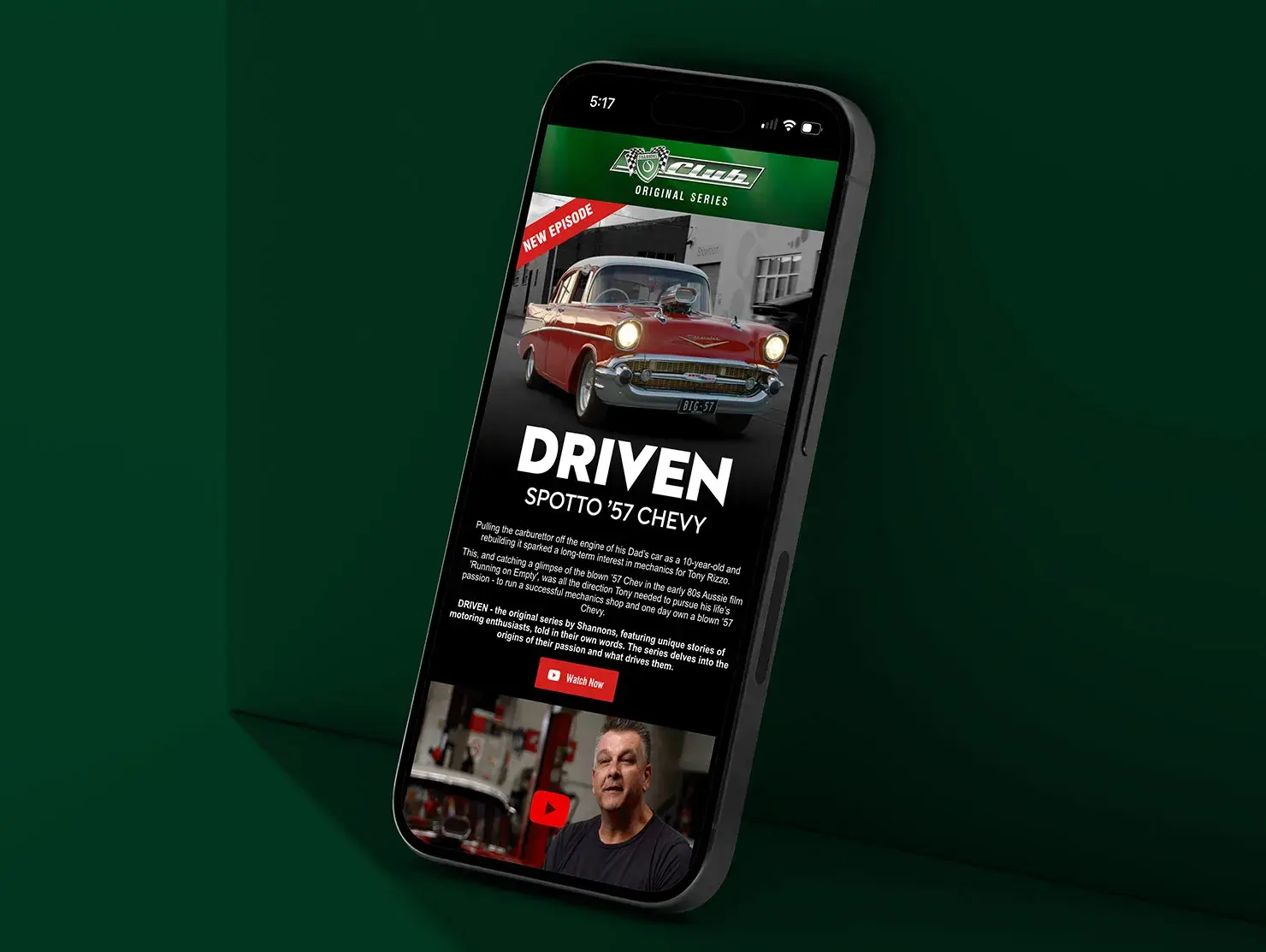 Mobile email layout promoting Shannons DRIVEN series with feature on a red 1957 Chevrolet Bel Air.