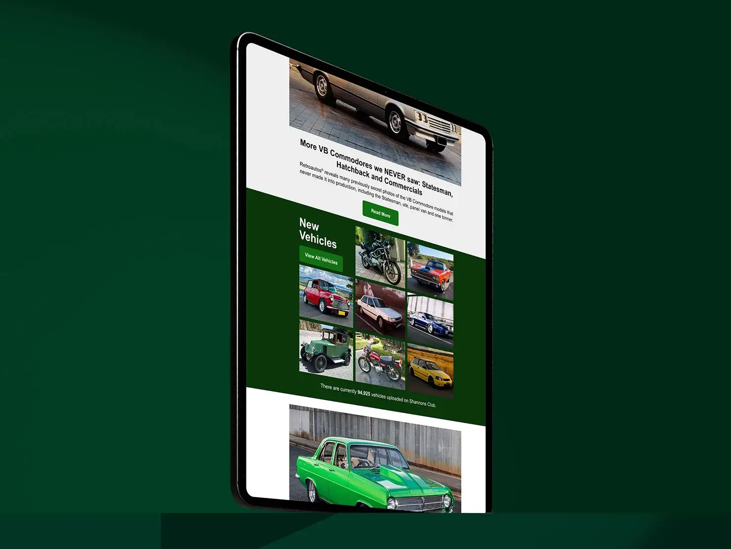 iPad view of Shannons Club email digest highlighting car articles, vehicle features, and new uploads.