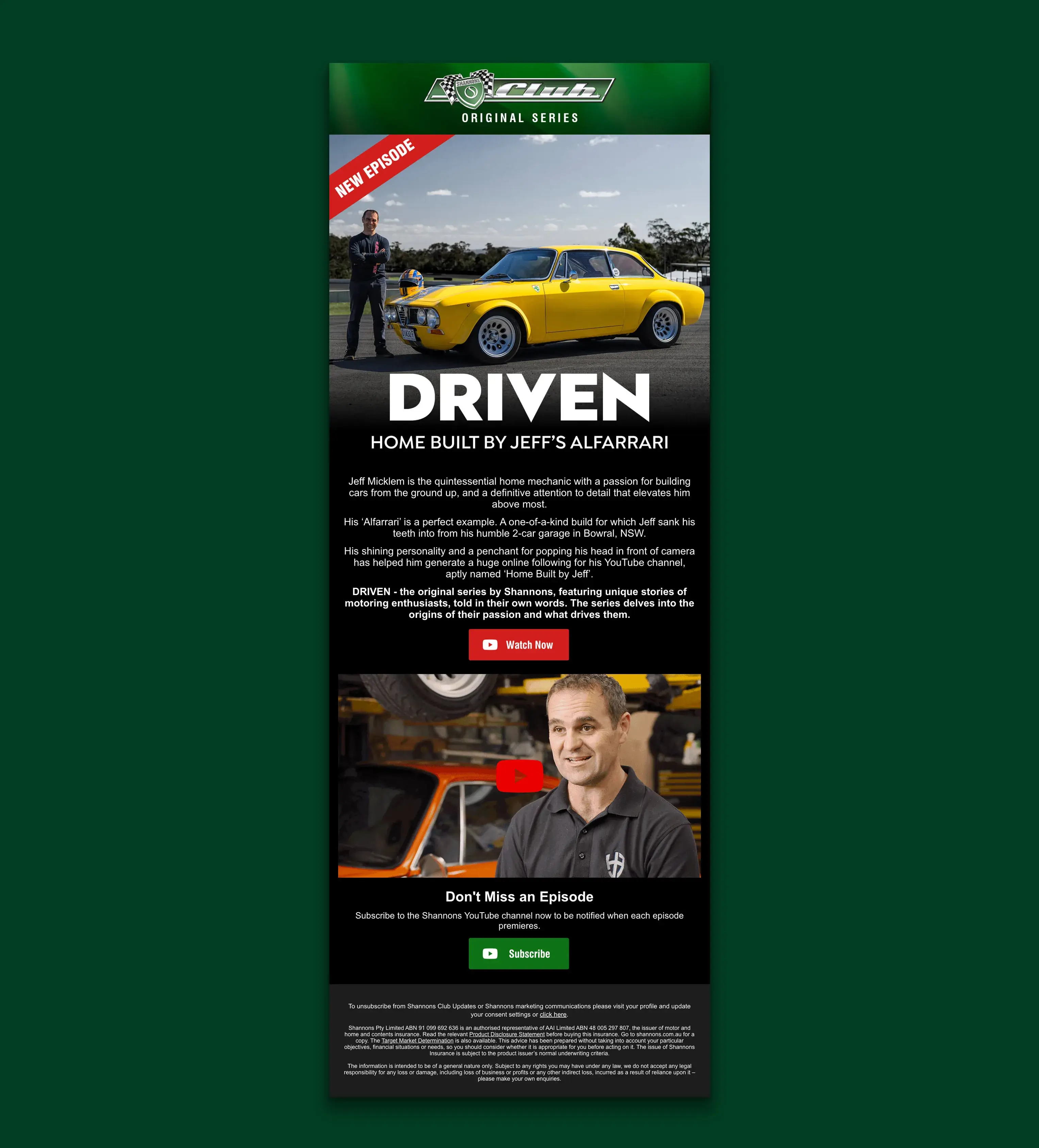 Shannons Club email newsletter showing new vehicles, DRIVEN episode promotion, and car community content.