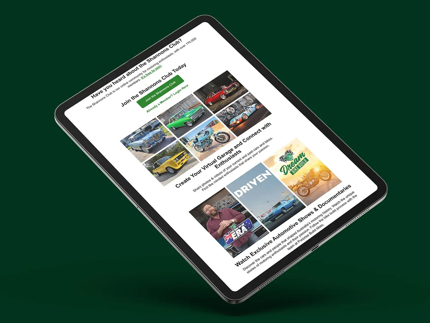 iPad displaying Shannons Club email inviting members to join, showcase vehicles, and watch DRIVEN episodes.