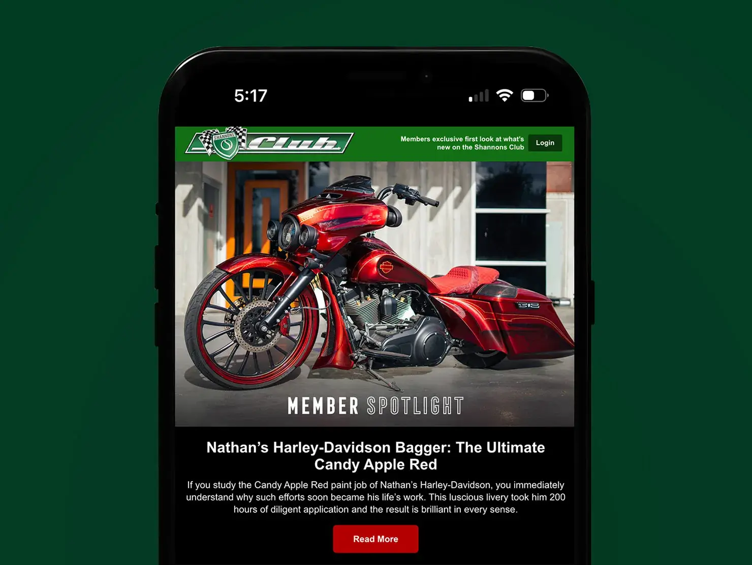 Mobile version of Shannons Club member spotlight email featuring a custom Harley-Davidson in Candy Apple Red.