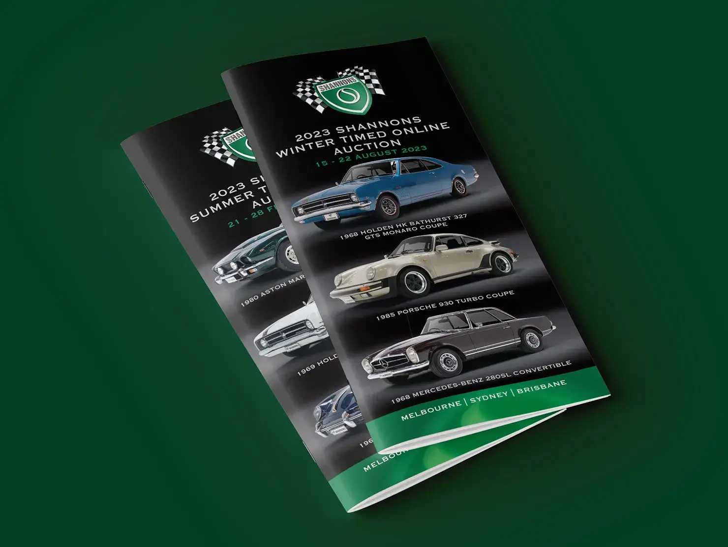 Shannons auction brochures featuring classic cars on the covers, used to promote upcoming timed online auctions.