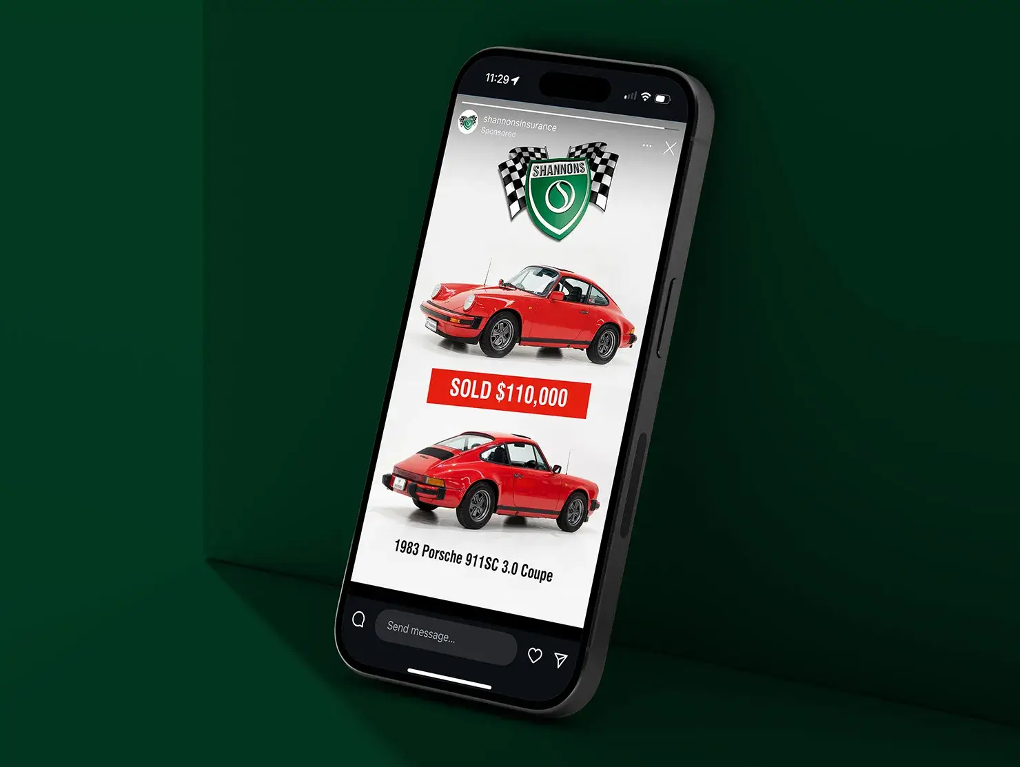 Shannons Instagram story creative showing a 1983 Porsche 911SC coupe sale price, part of Shannons Auctions marketing content.