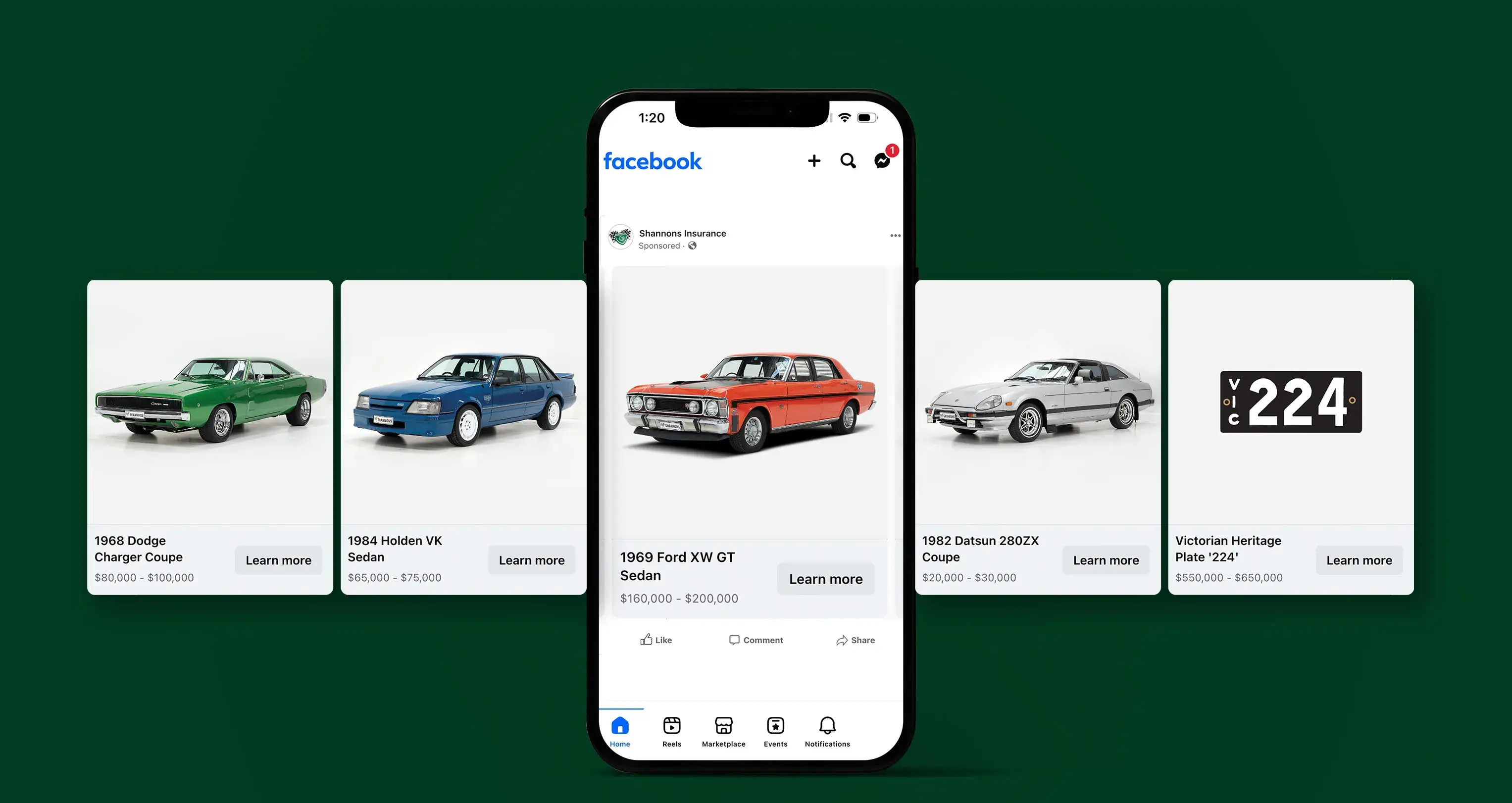 Facebook carousel ad mockup for Shannons Auctions featuring classic cars and a Victorian Heritage Plate.